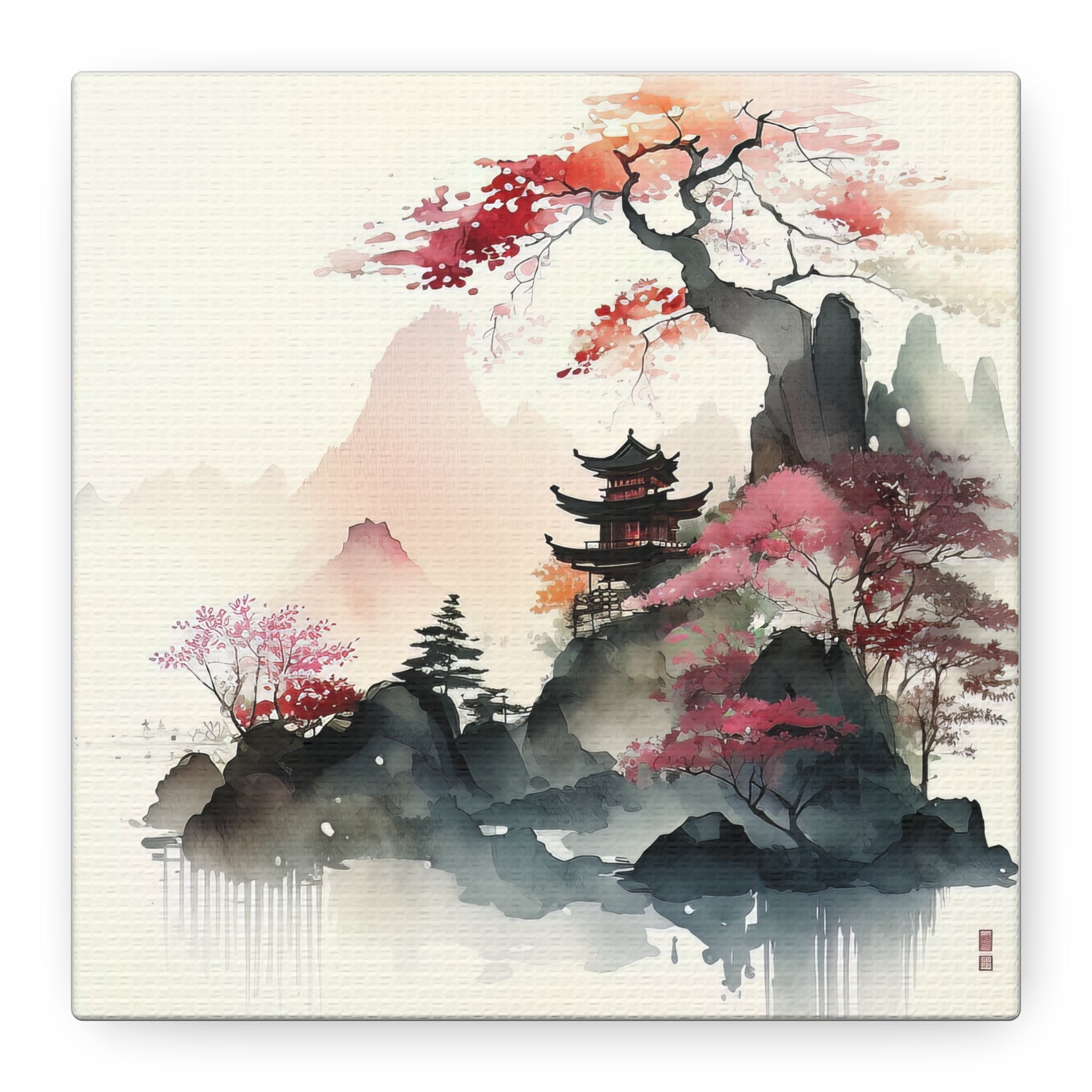 Tranquil Japanese Mountain Retreat – Watercolor Landscape Wall Art, Floral Canvas Print, Asian-Inspired Home Decor