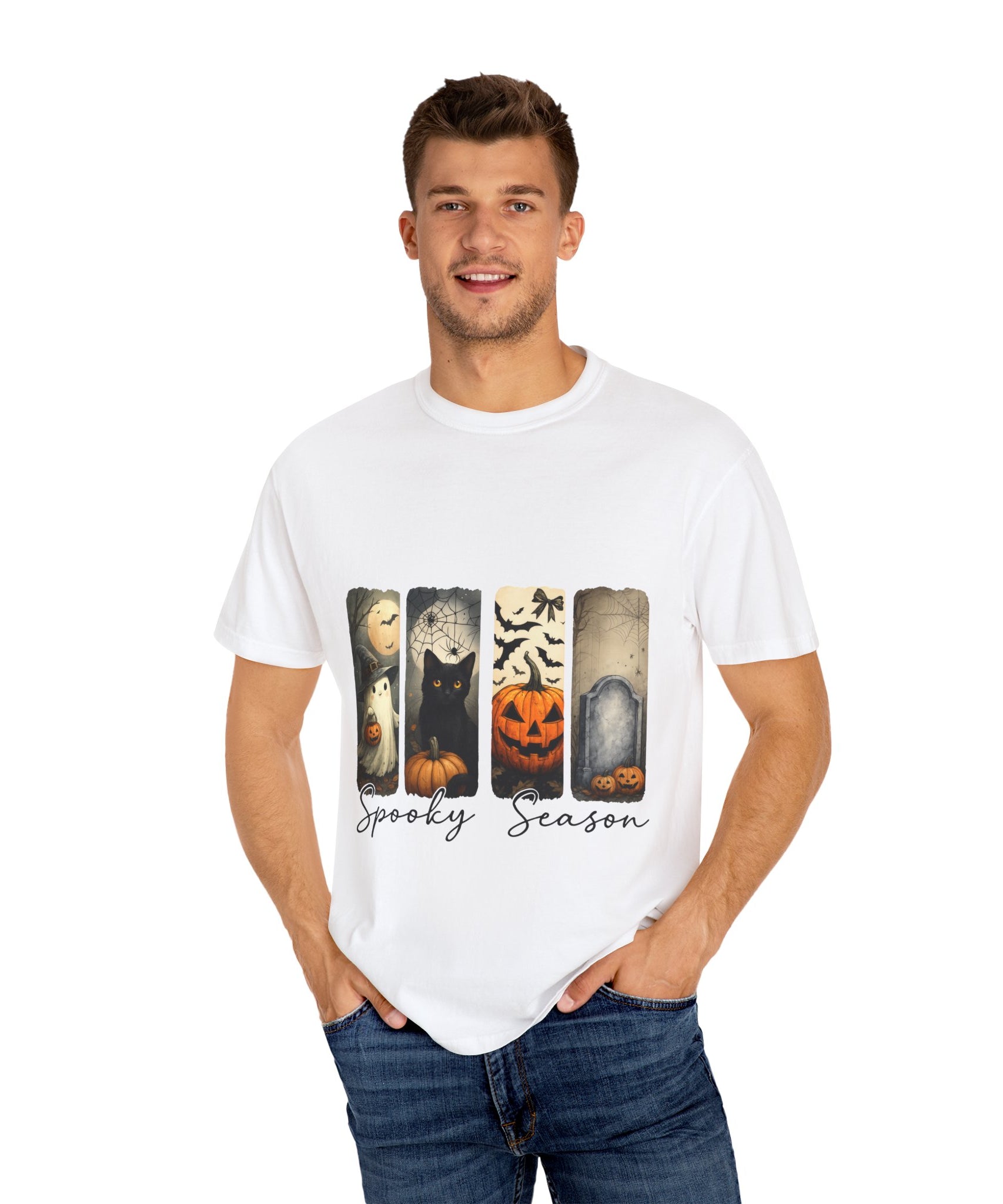 Halloween Night Unisex T-Shirt – Ghost, Black Cat, Pumpkin & Tombstone Vintage Art - Gallory Hive