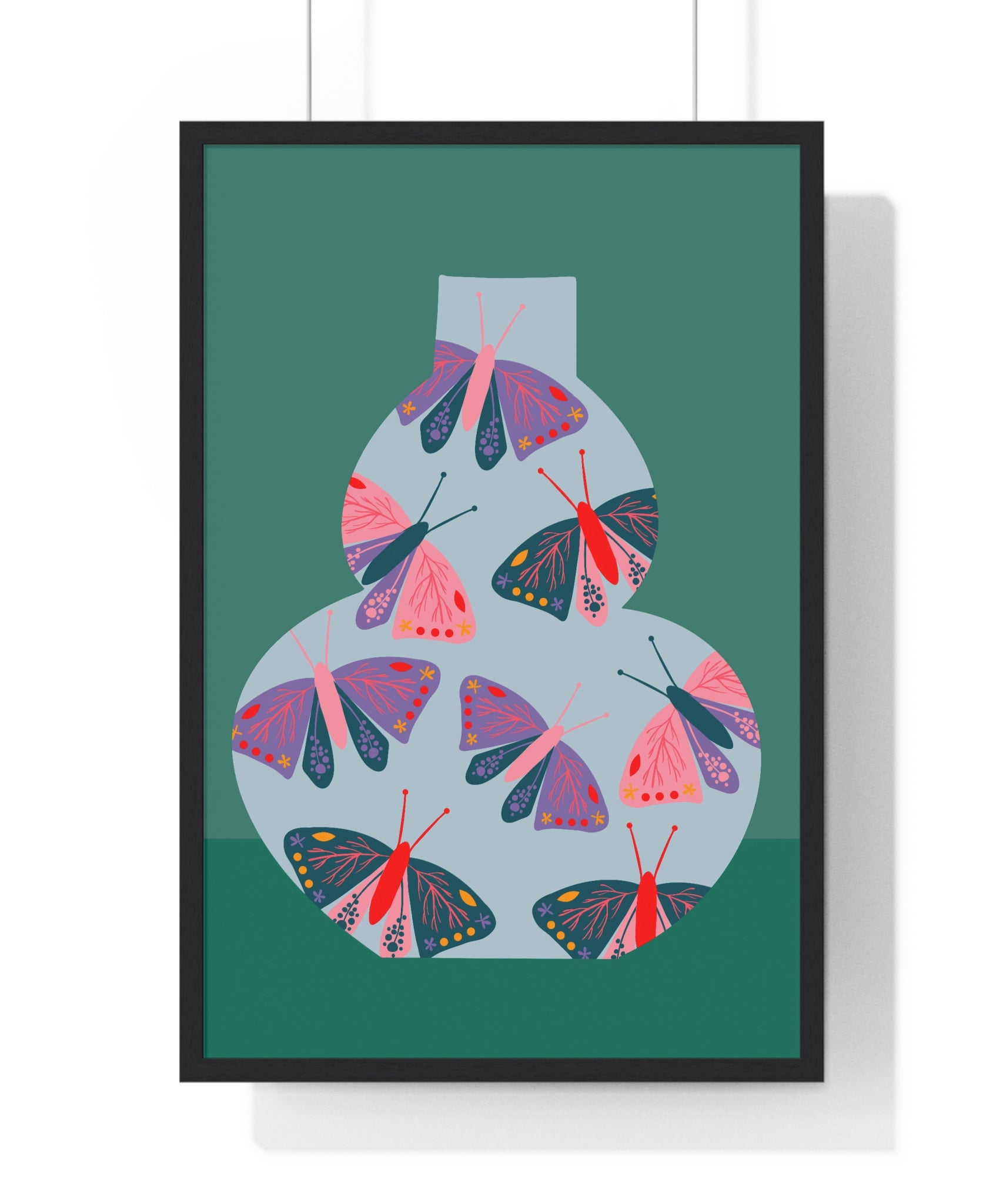 Vibrant Butterfly Pot Art on Pink Grid in Premium Wood Frame