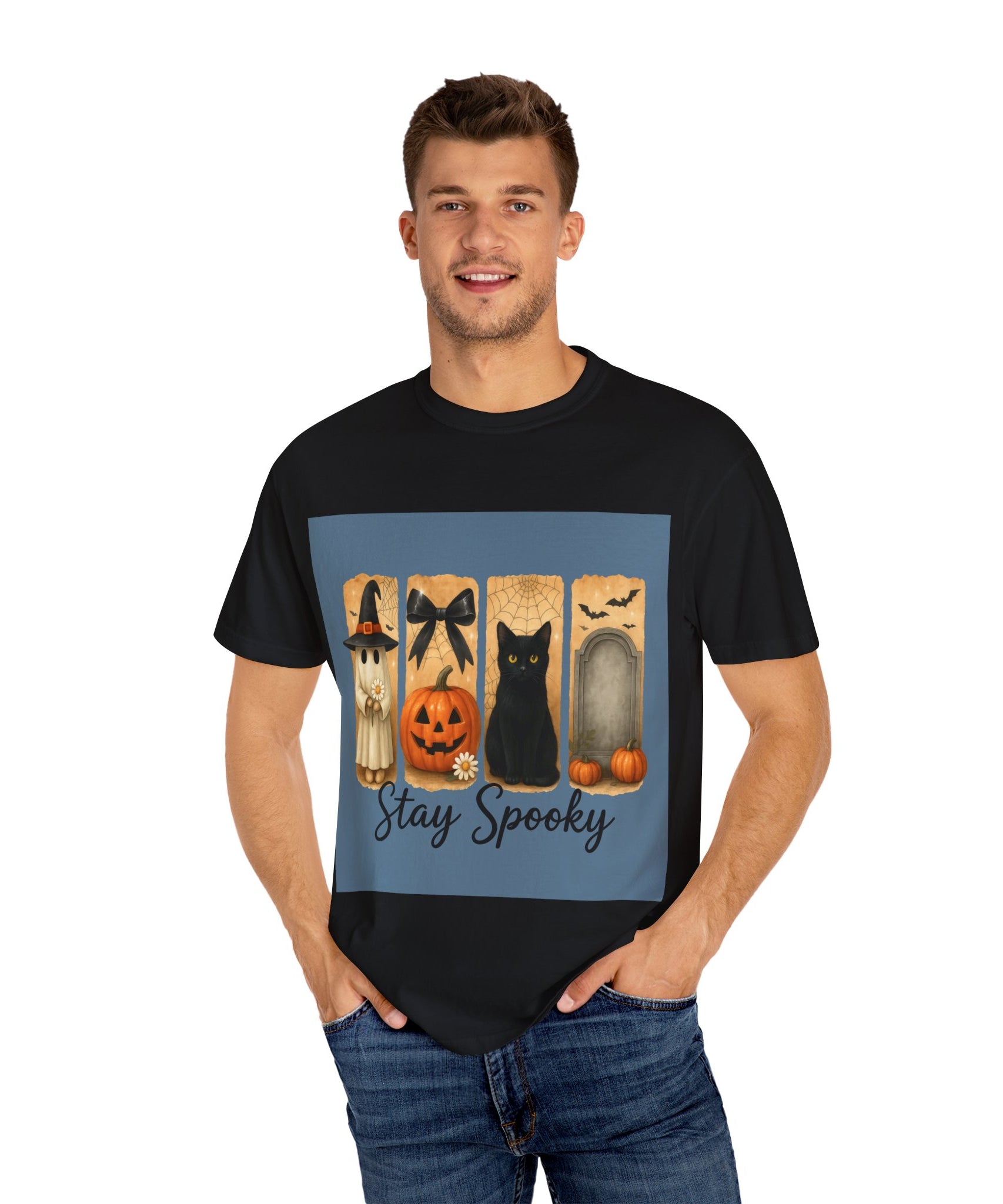 Cute Halloween T-Shirt – Ghost in Witch Hat, Pumpkin, Black Cat & Tombstone Design - Gallory Hive
