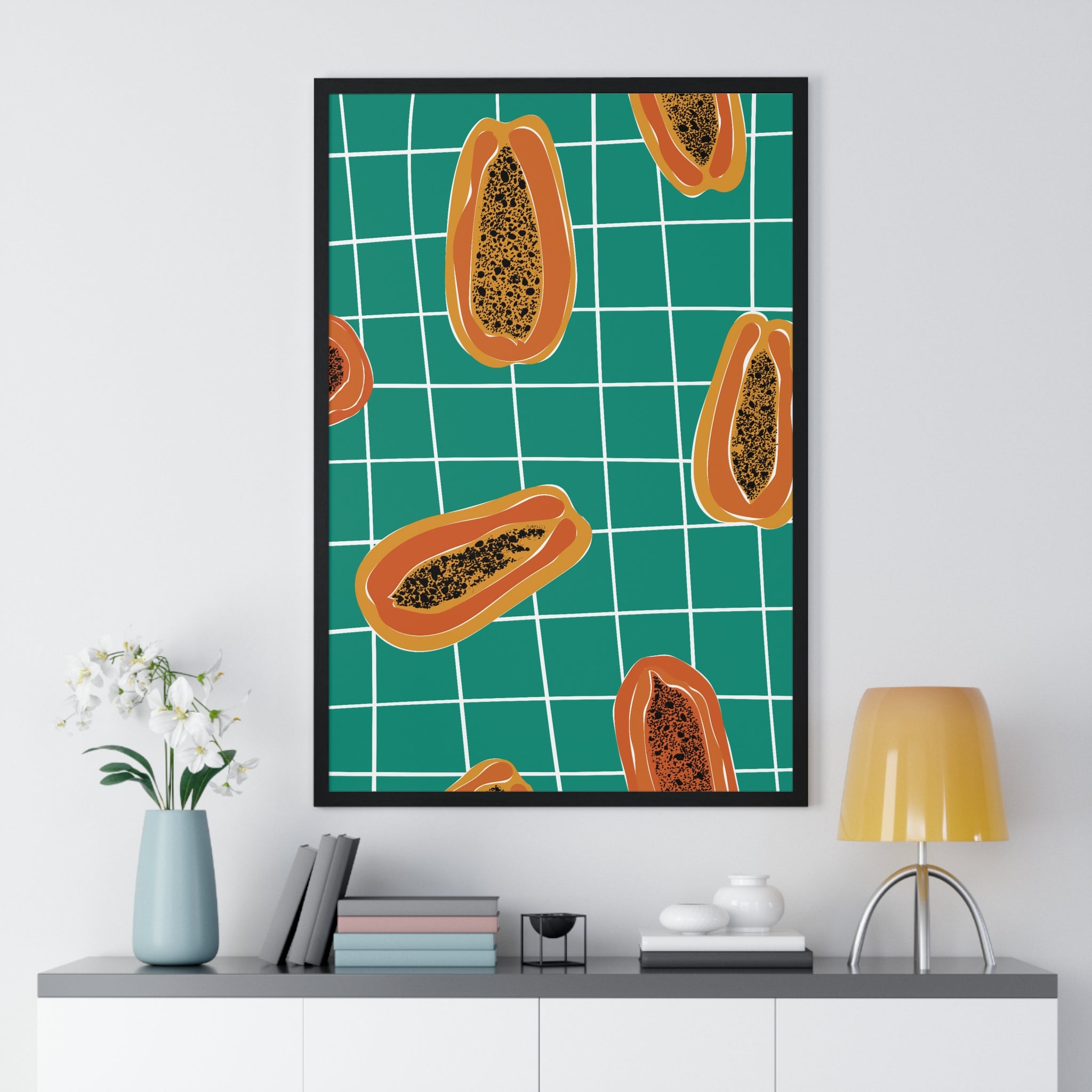 Vibrant Papaya Slices Art on Teal Grid in Premium Wood Frame