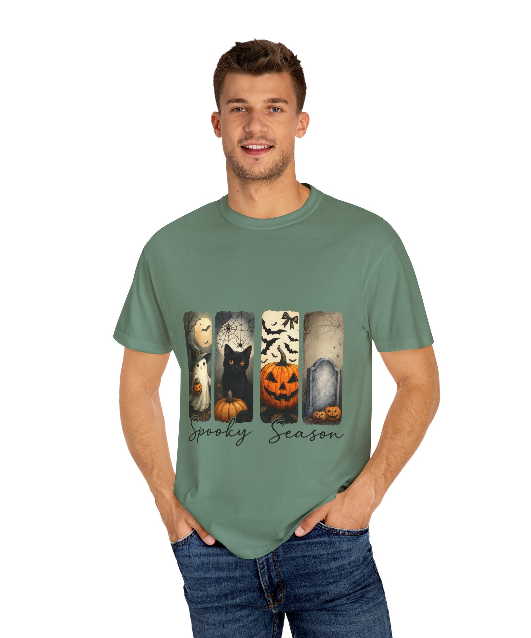 Halloween Night Unisex T-Shirt – Ghost, Black Cat, Pumpkin & Tombstone Vintage Art - Gallory Hive