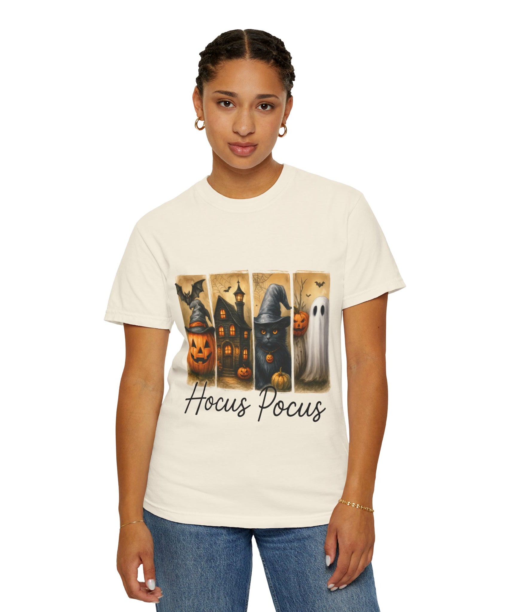 Hocus Pocus Halloween Unisex T-Shirt – Witchy Cat, Haunted House, Pumpkin & Ghost Art - Gallory Hive