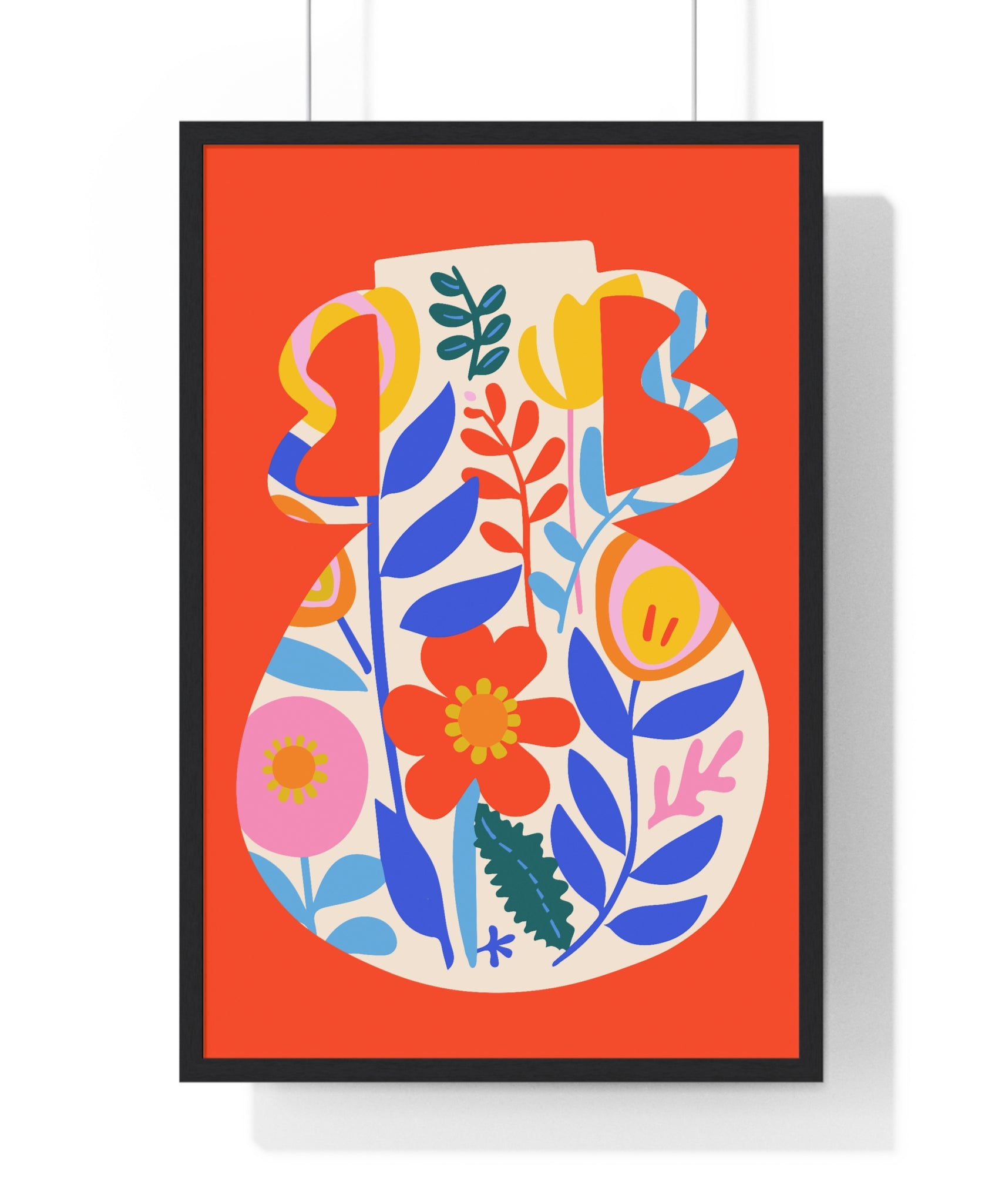 Vibrant Flowerpot Art on Yellow Grid in Premium Wood Frame