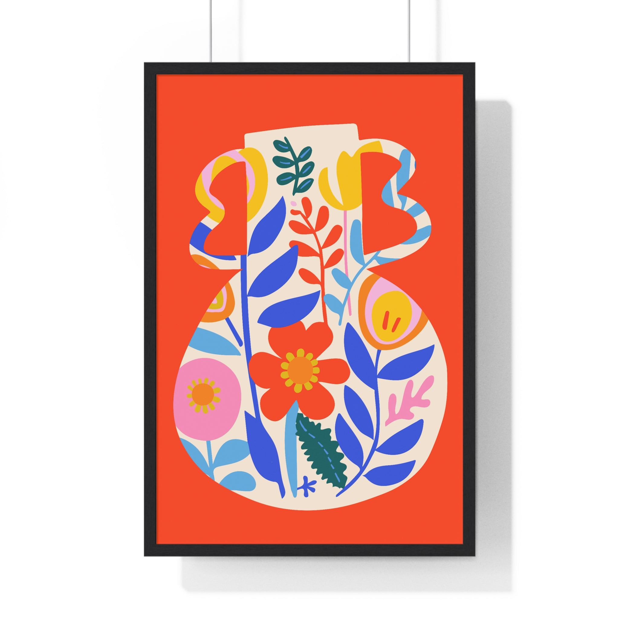 Vibrant Flowerpot Art on Yellow Grid in Premium Wood Frame