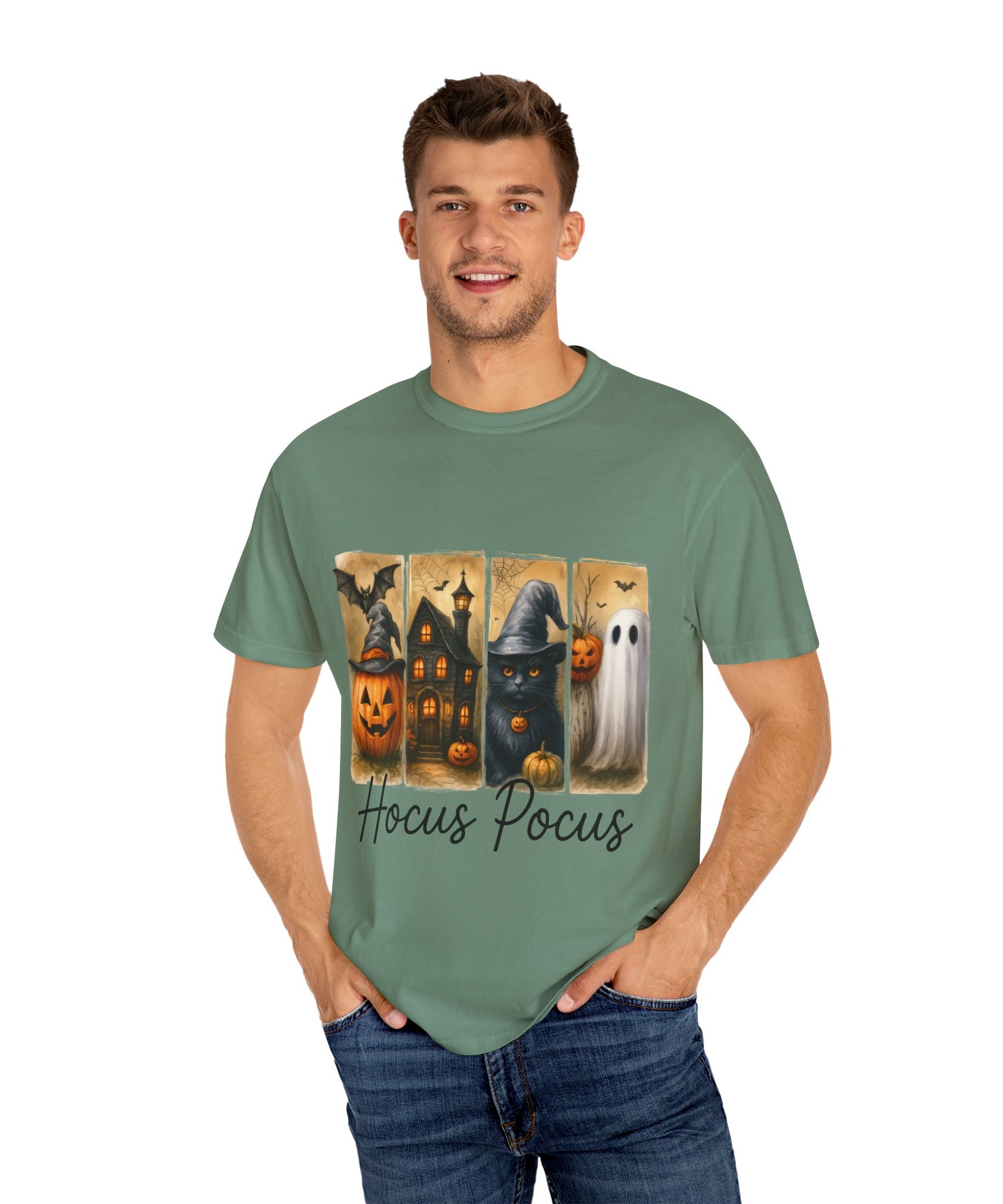 Hocus Pocus Halloween Unisex T-Shirt – Witchy Cat, Haunted House, Pumpkin & Ghost Art - Gallory Hive