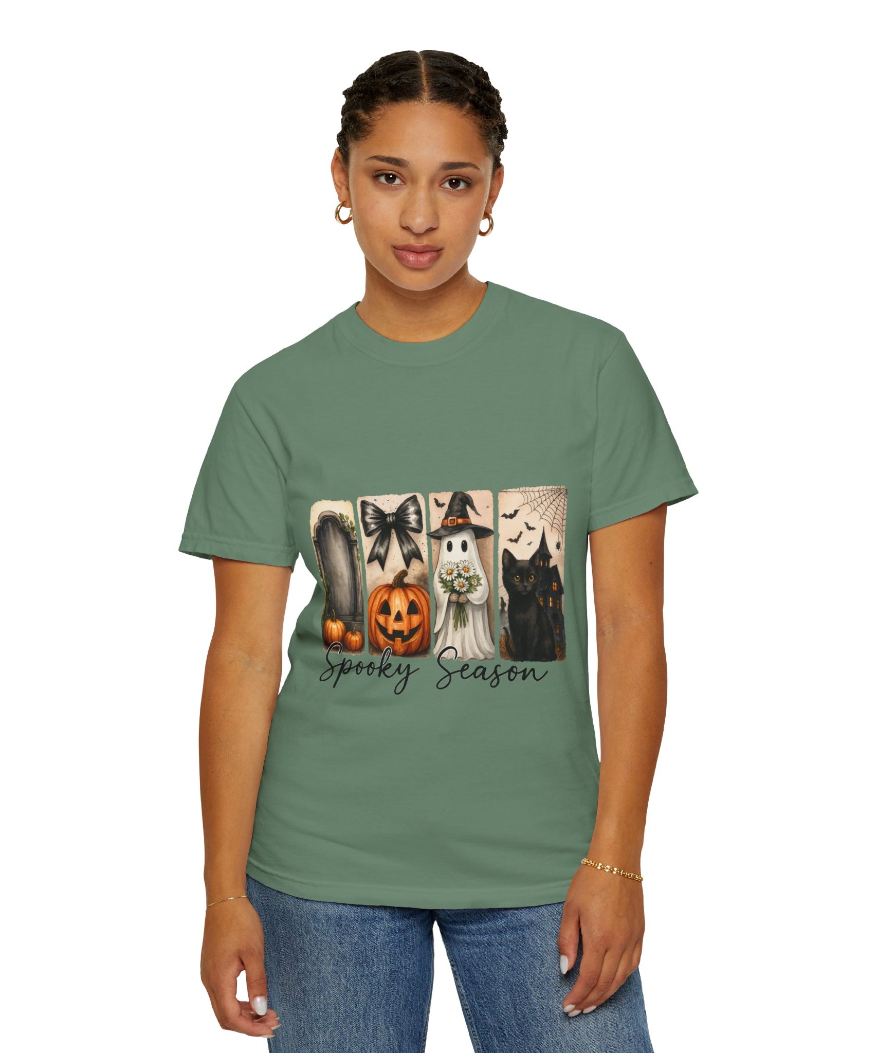 Spooky Season Unisex Halloween T-Shirt – Ghost, Black Cat, Pumpkin & Haunted House Art - Gallory Hive