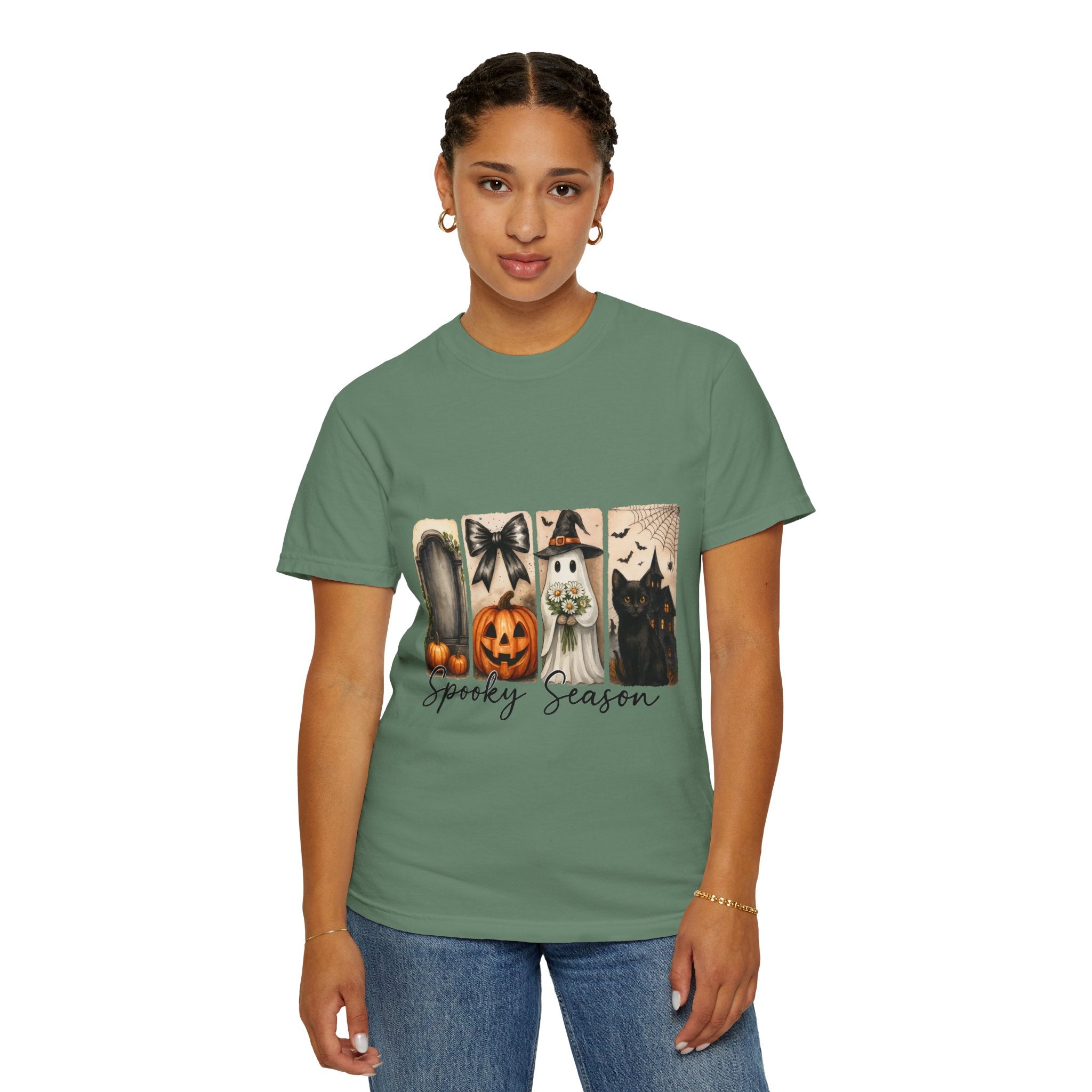 Spooky Season Unisex Halloween T-Shirt – Ghost, Black Cat, Pumpkin & Haunted House Art - Gallory Hive