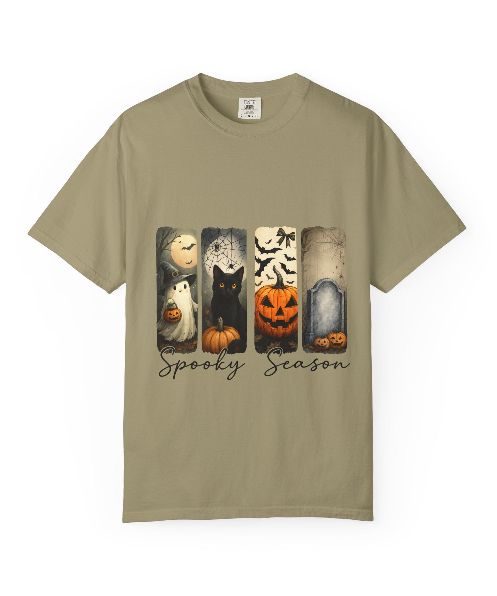 Halloween Night Unisex T-Shirt – Ghost, Black Cat, Pumpkin & Tombstone Vintage Art - Gallory Hive