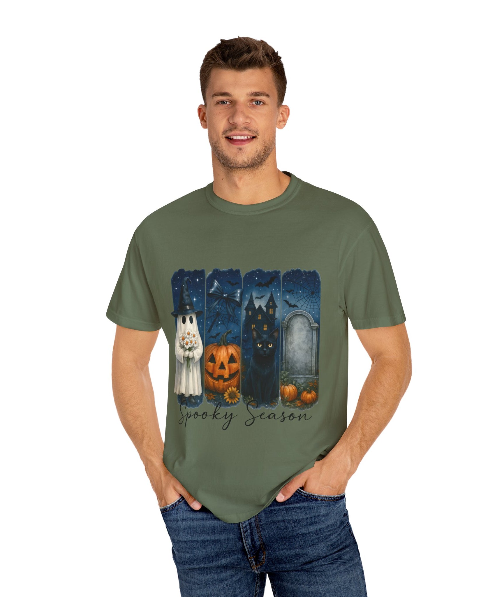 Spooky Season Halloween T-Shirt – Ghost, Black Cat, Pumpkin & Haunted House Design - Gallory Hive