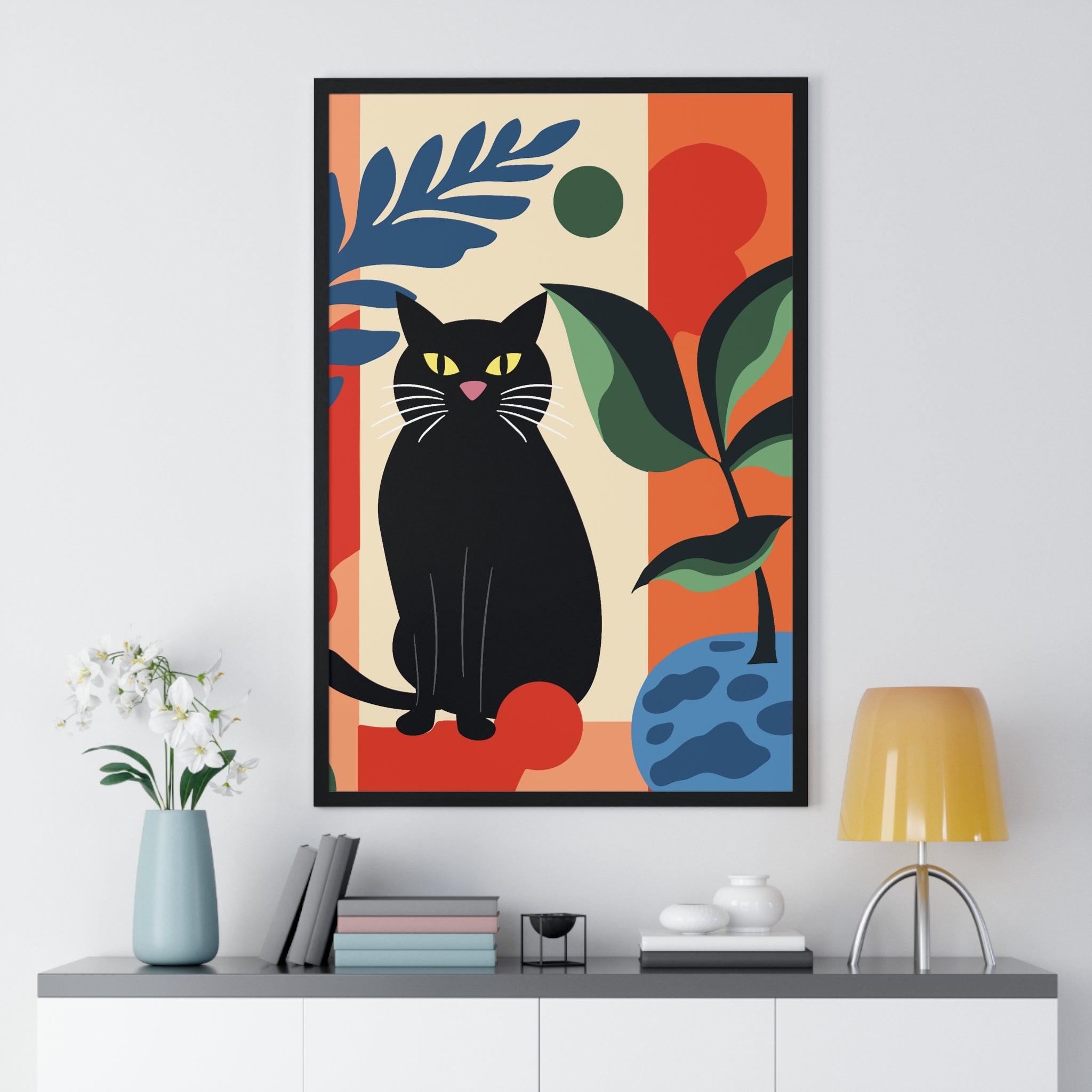 Premium Black Cat Wall Art – Botanical Wooden Frame | Gallory Hive