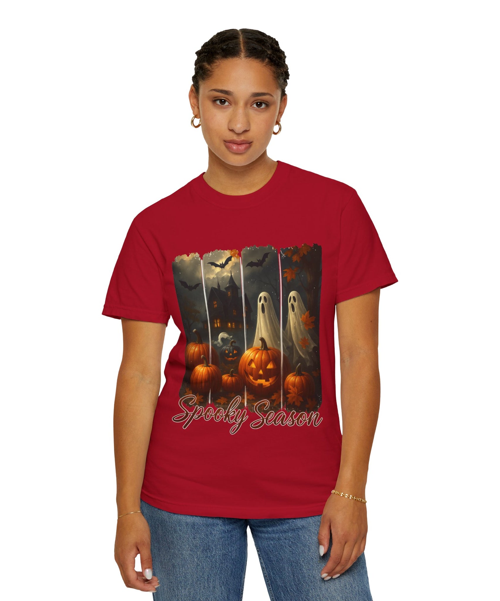 Spooky Season Unisex Halloween T-Shirt – Haunted House, Pumpkins & Ghosts Fall Design - Gallory Hive