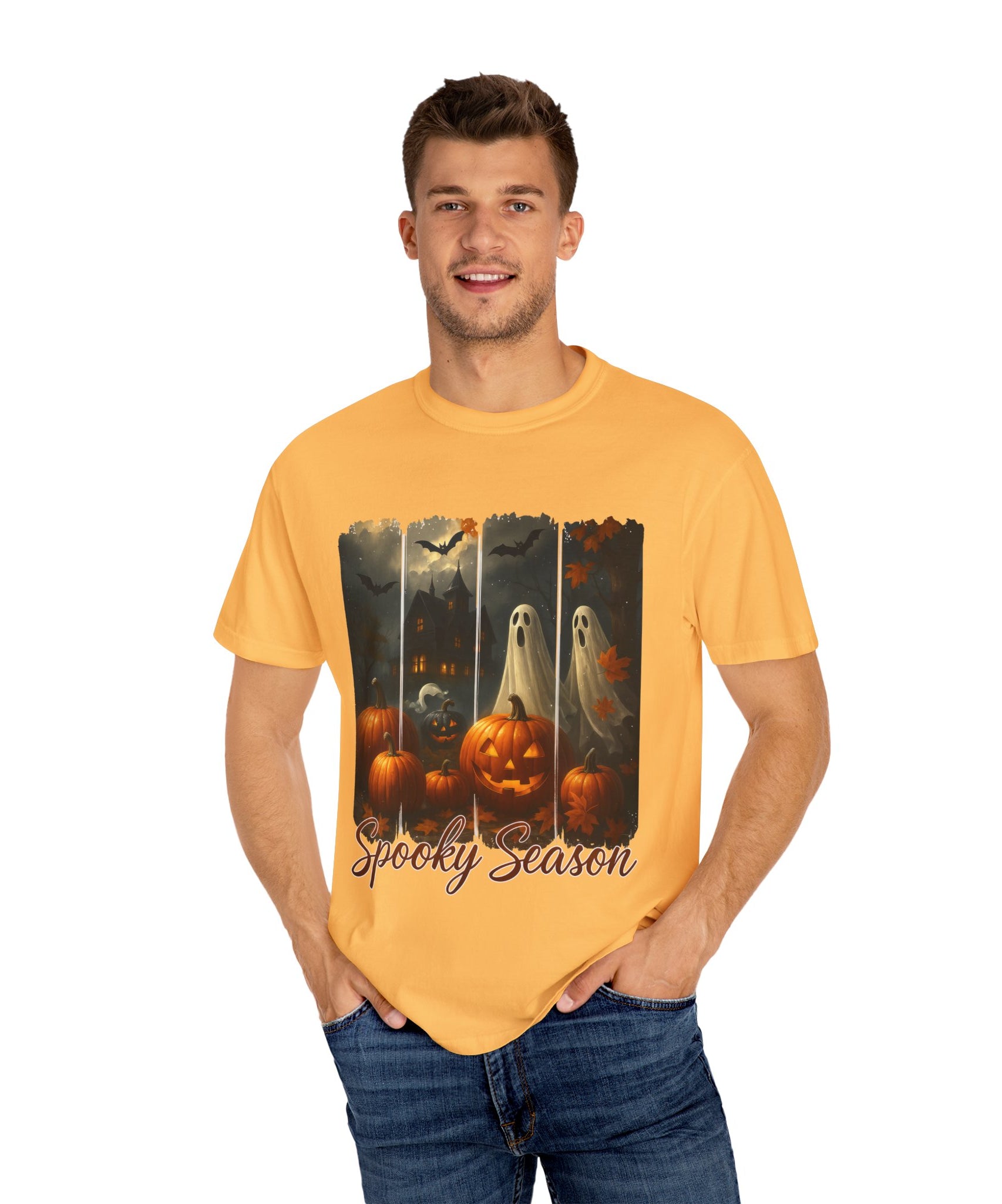 Spooky Season Unisex Halloween T-Shirt – Haunted House, Pumpkins & Ghosts Fall Design - Gallory Hive