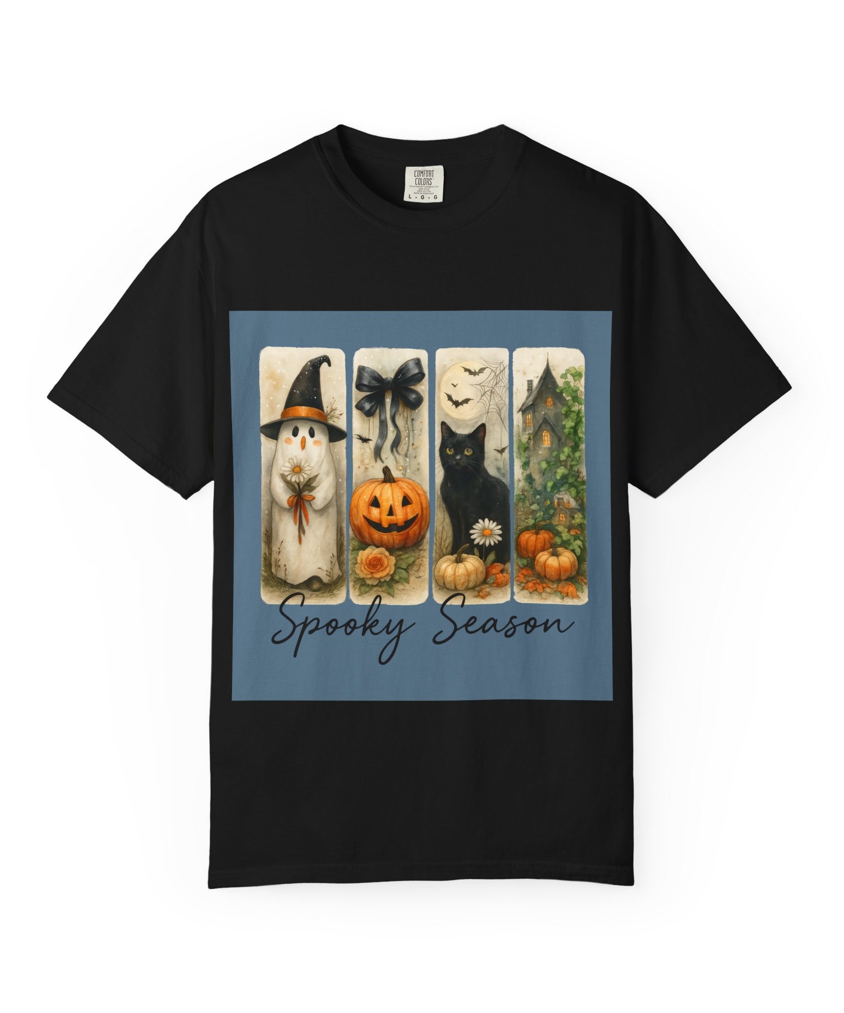 Vintage Halloween Unisex T-Shirt – Cute Ghost, Black Cat, Pumpkin & Haunted House Art
