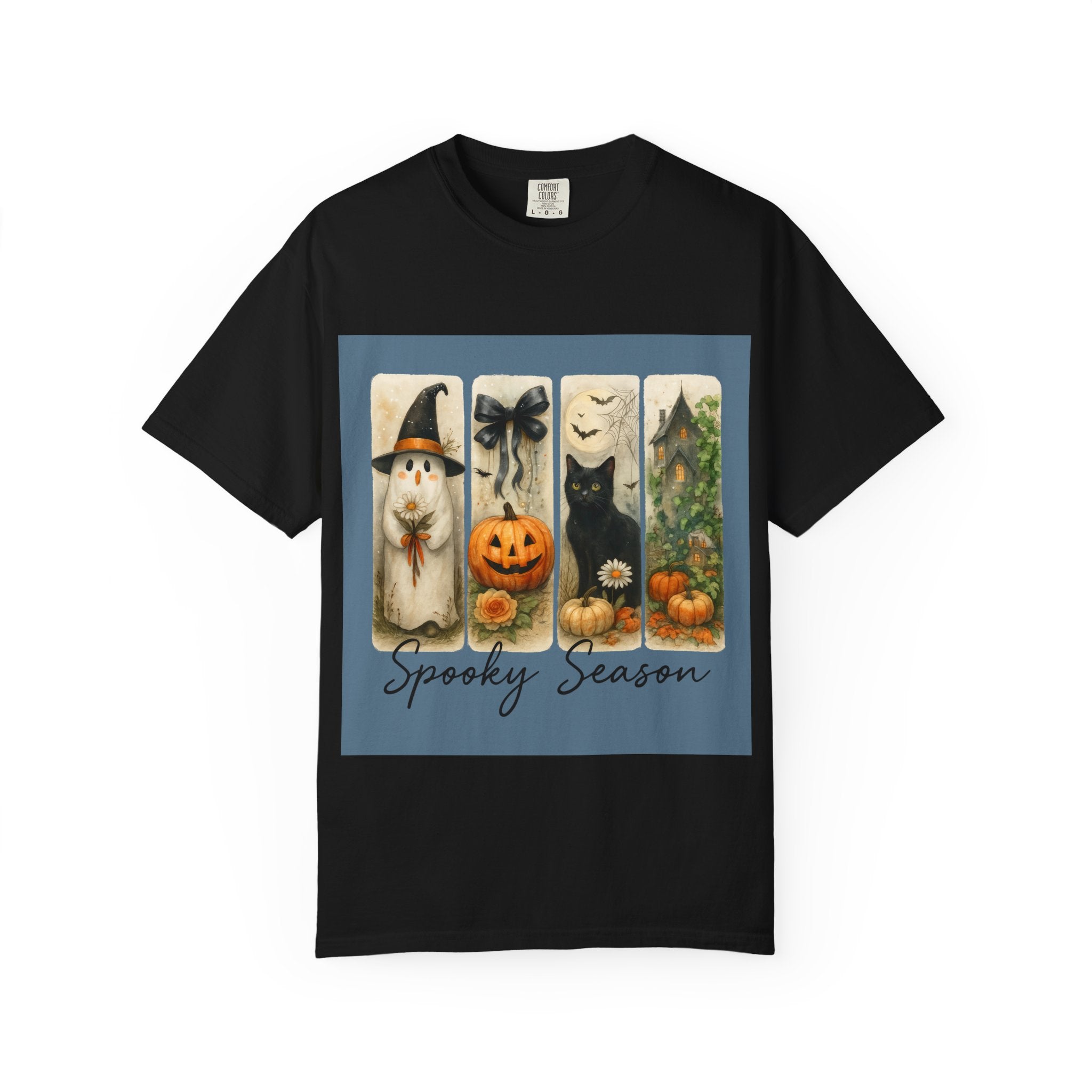 Vintage Halloween Unisex T-Shirt – Cute Ghost, Black Cat, Pumpkin & Haunted House Art