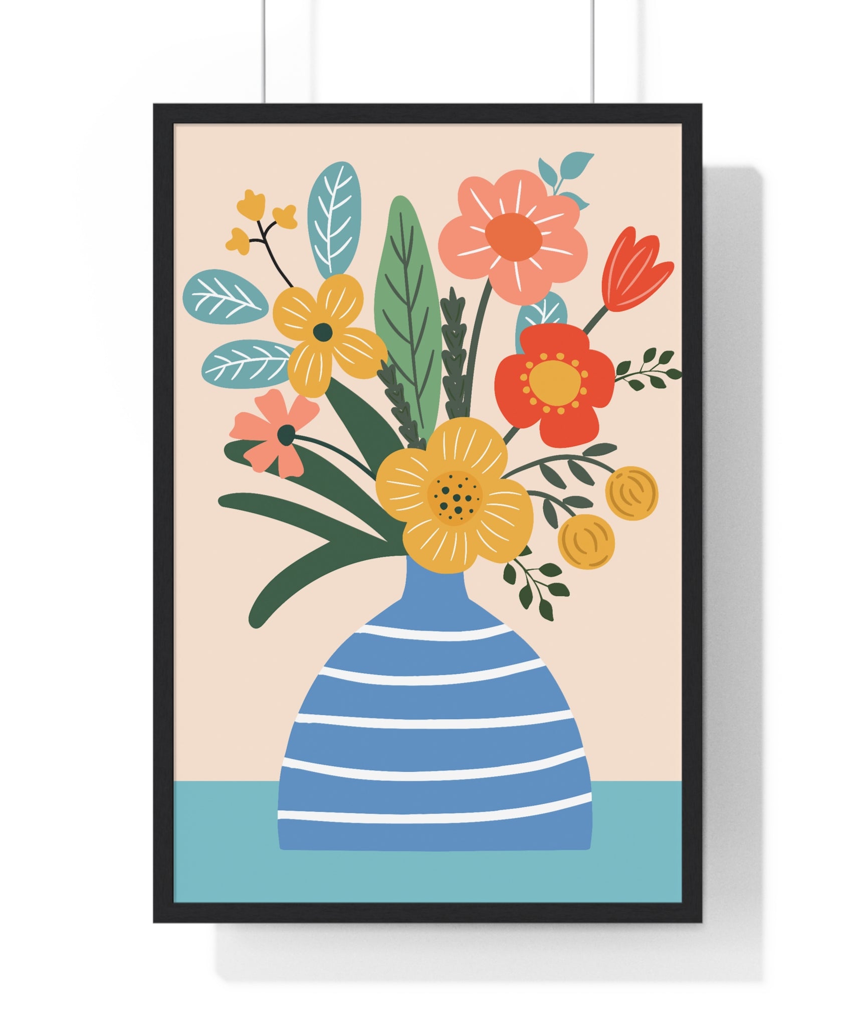 Colorful Floral Bouquet in Blue Striped Vase Art Print