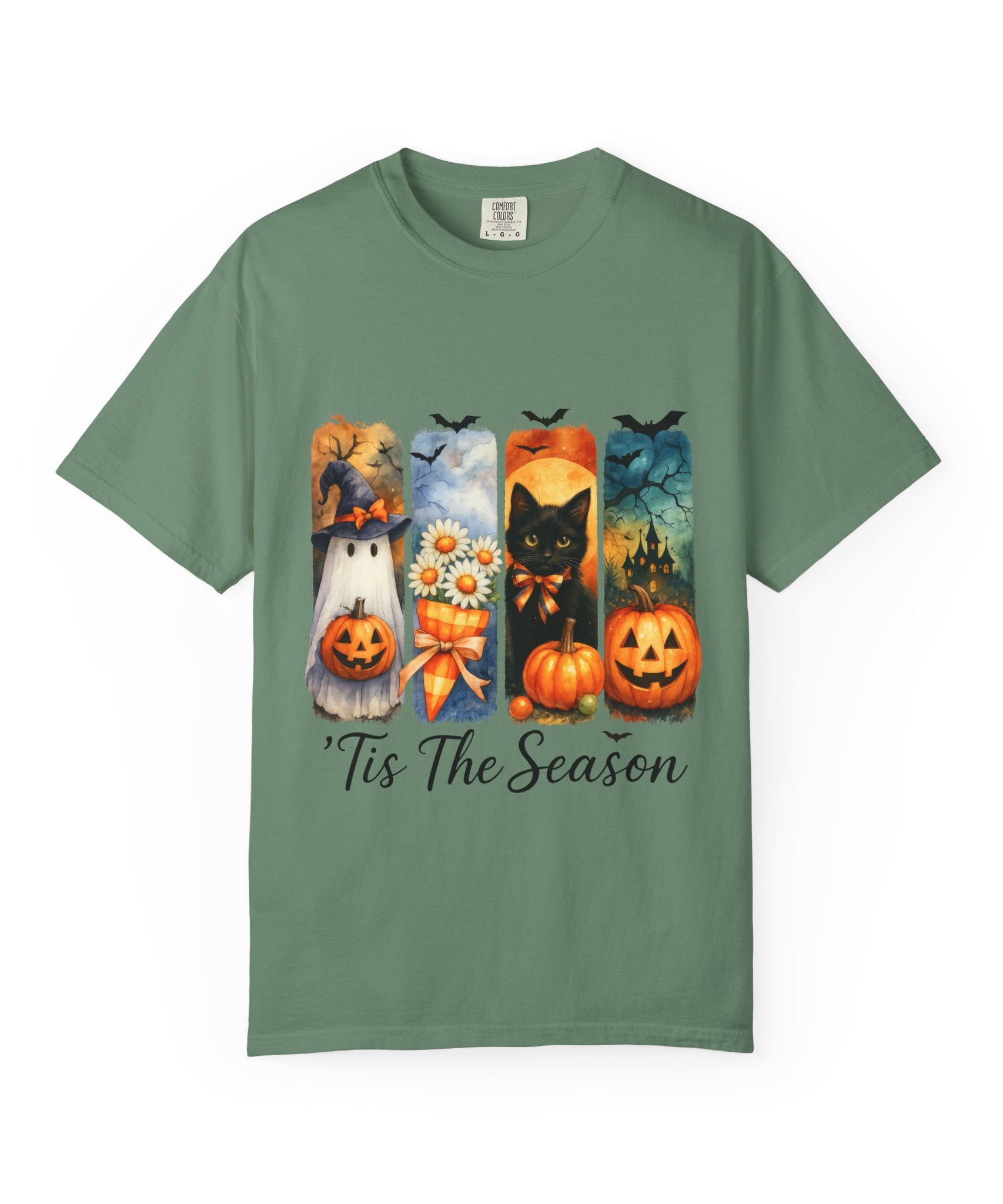 Whimsical Halloween T-Shirt – Ghost, Black Cat, Pumpkins & Haunted House Design - Gallory Hive
