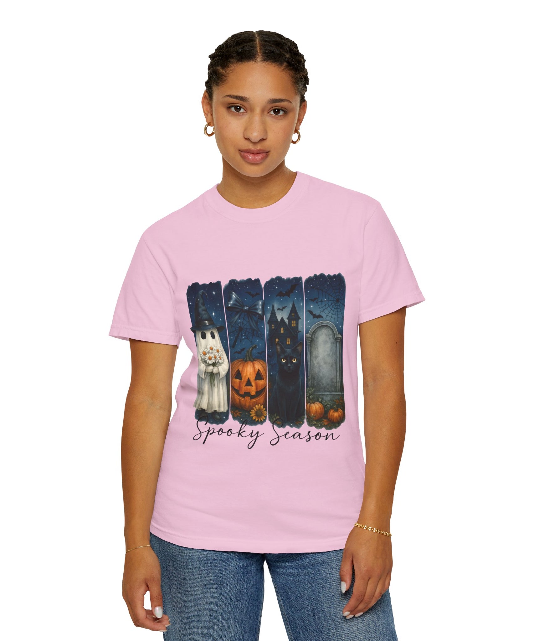 Spooky Season Halloween T-Shirt – Ghost, Black Cat, Pumpkin & Haunted House Design - Gallory Hive