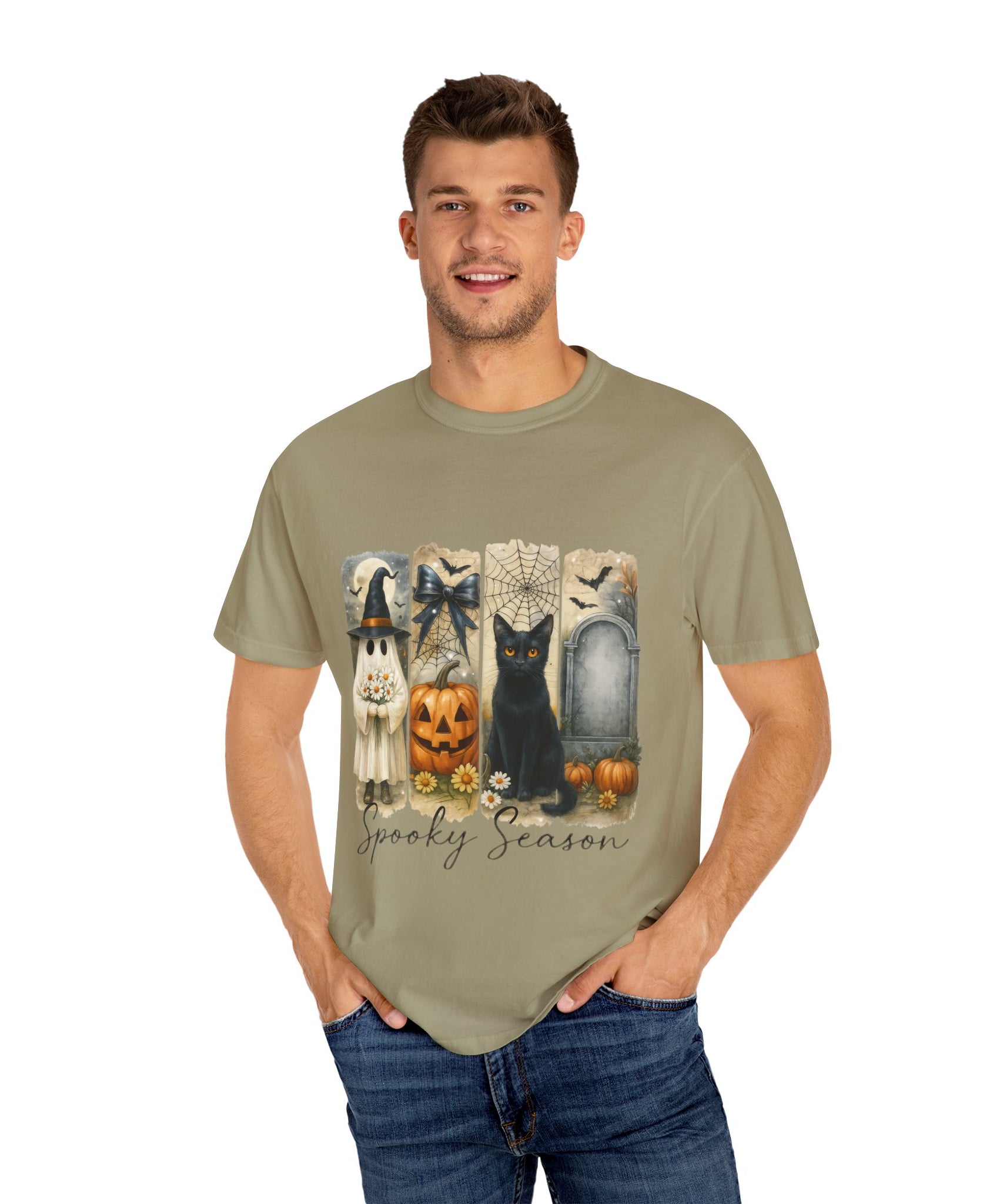 Spooky Season Halloween Unisex T-Shirt – Ghost, Black Cat & Pumpkin Design - Gallory Hive