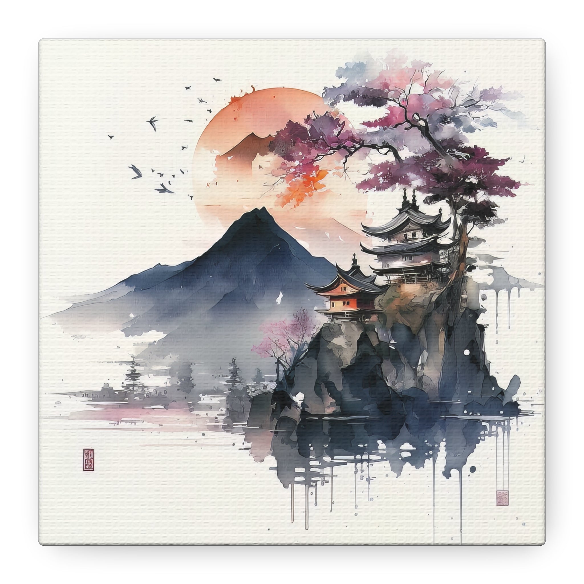 Sunrise Over Mt. Fuji – Japanese Watercolor Temple Art Print, Floral Canvas Print, Asian-Inspired Home Decor - Gallory Hive