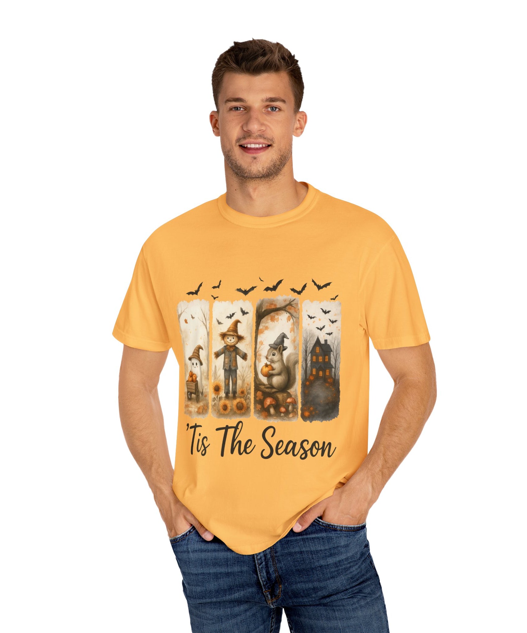 Tis The Season Fall Halloween T-Shirt – Cute Ghost, Scarecrow, Squirrel & Haunted House Design - Gallory Hive
