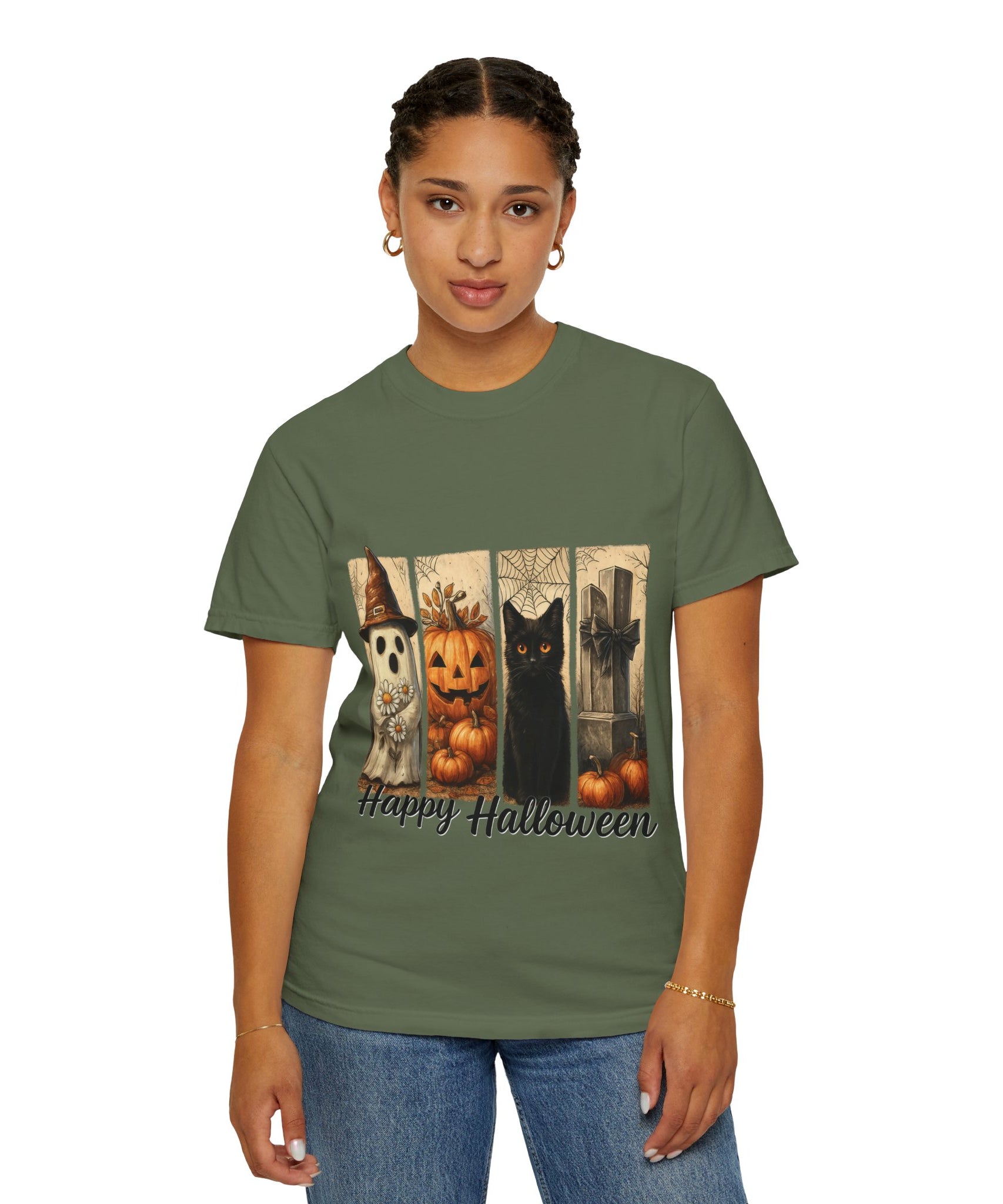 Happy Halloween Unisex T-Shirt – Ghost, Black Cat & Pumpkin Graphic Tee - Gallory Hive