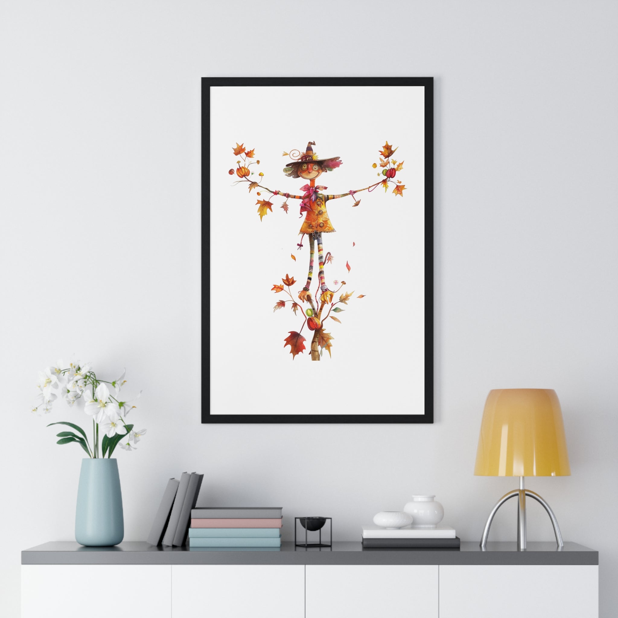 Harvest Joy – Whimsical Scarecrow Wooden Framed Wall Art