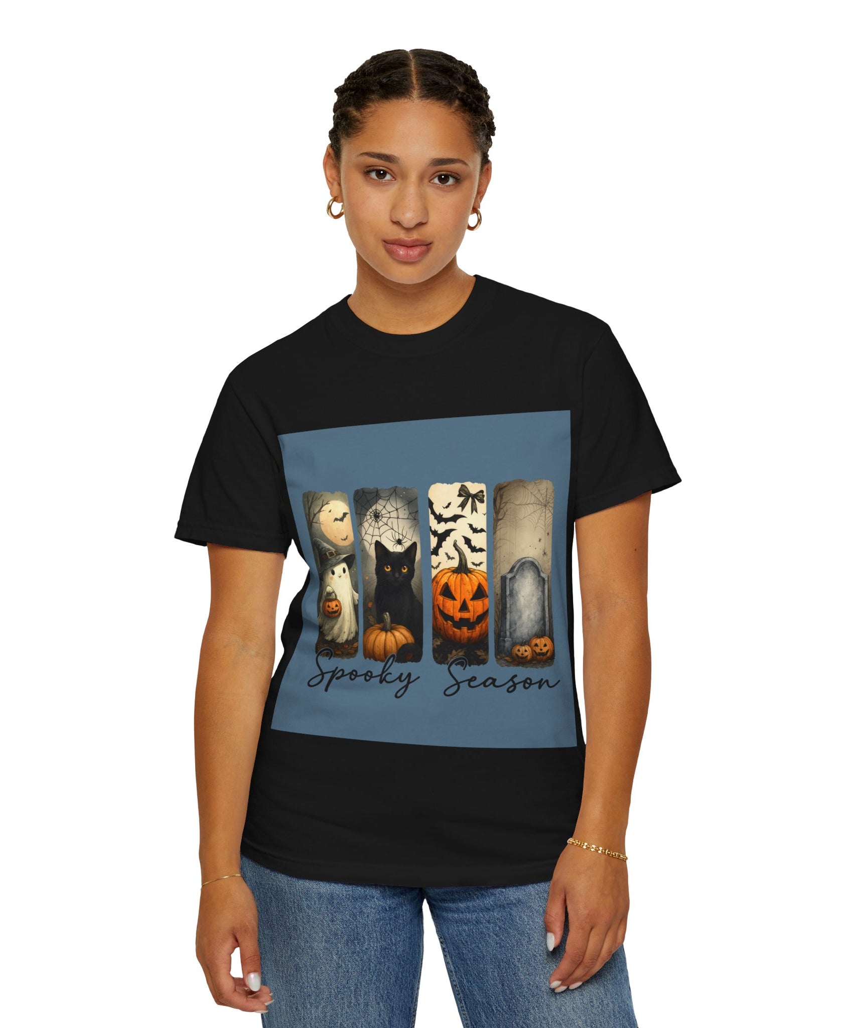 Halloween Night Unisex T-Shirt – Ghost, Black Cat, Pumpkin & Tombstone Vintage Art - Gallory Hive