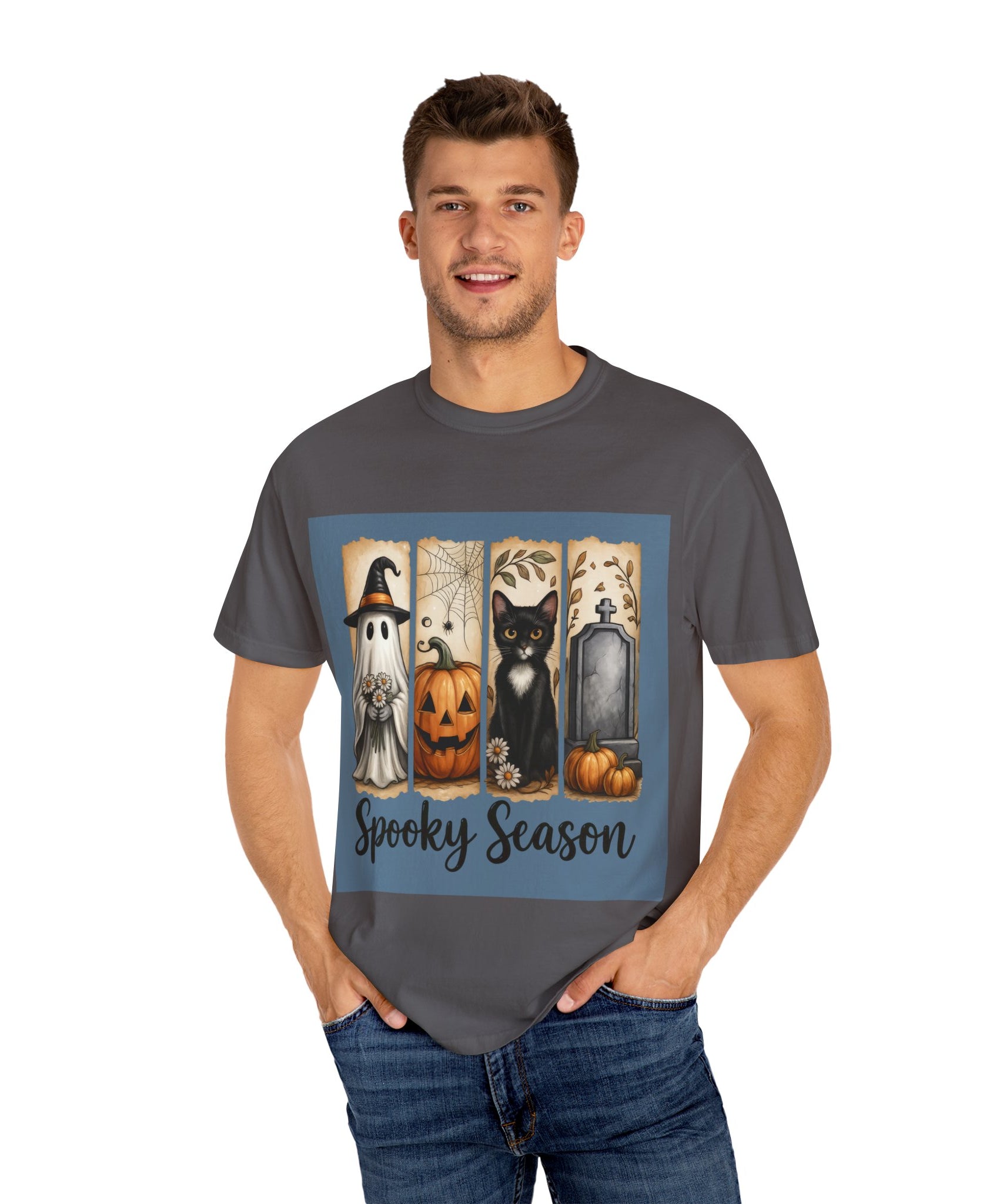 Spooky Season Halloween Unisex T-Shirt – Ghost, Cat & Pumpkin Design - Gallory Hive