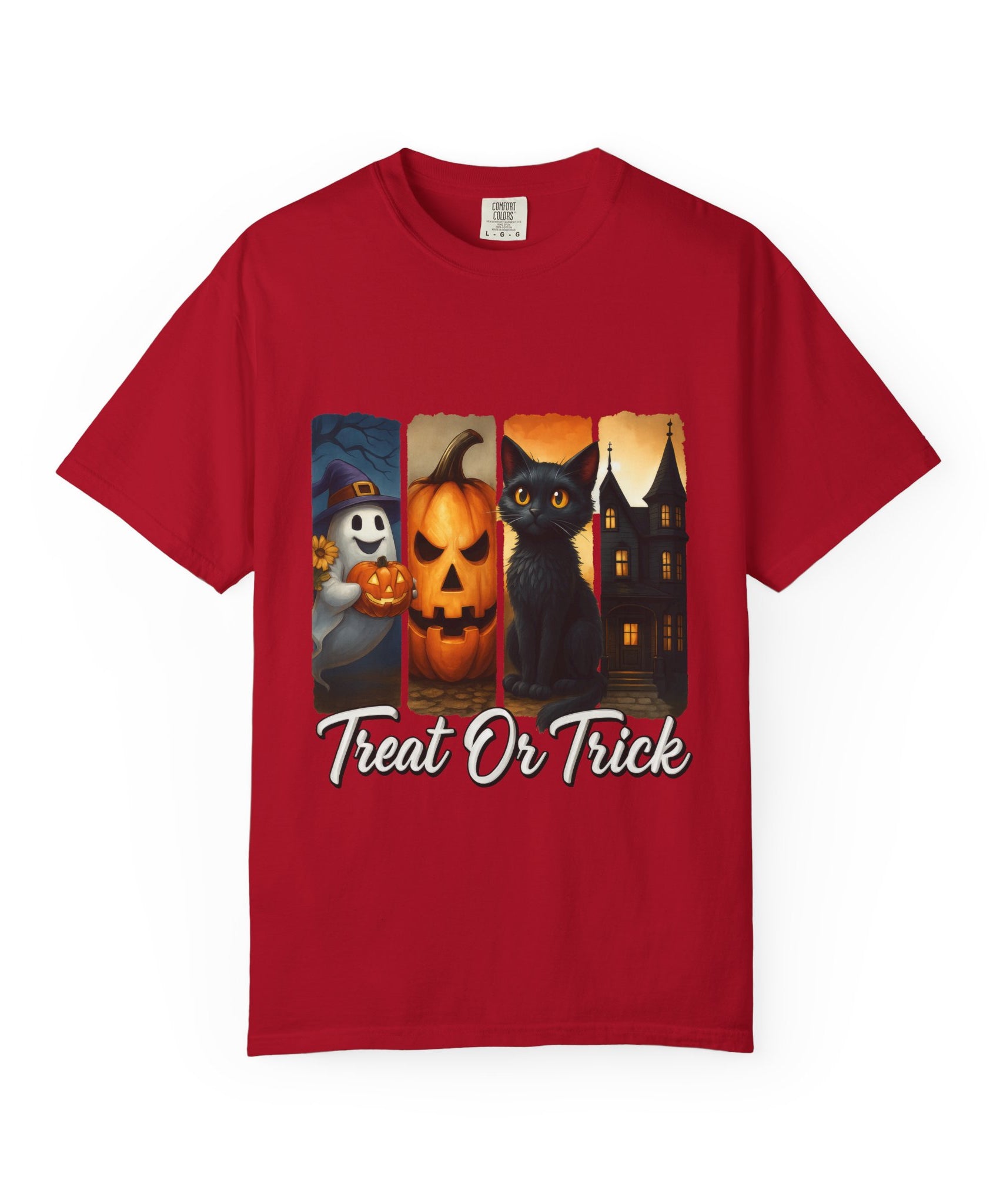 Treat Or Trick Halloween T-Shirt – Cute Ghost, Pumpkin, Black Cat & Haunted House Design - Gallory Hive