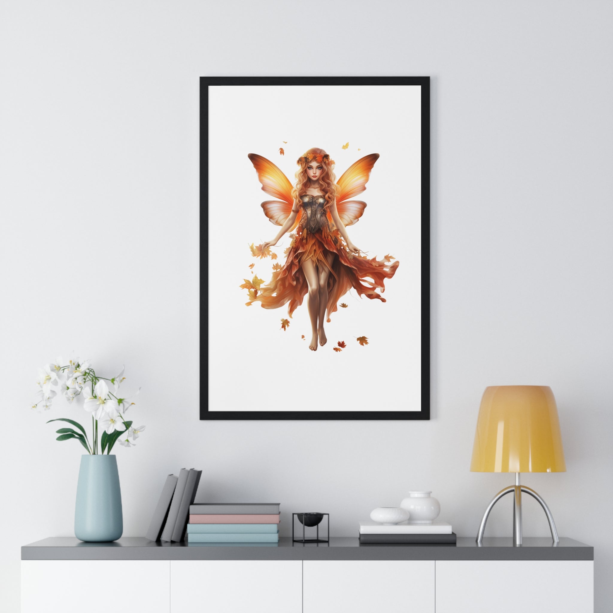 Radiant Autumn Fairy Wall Art – Fantasy Wooden Frame Poster for Fall Home Decor