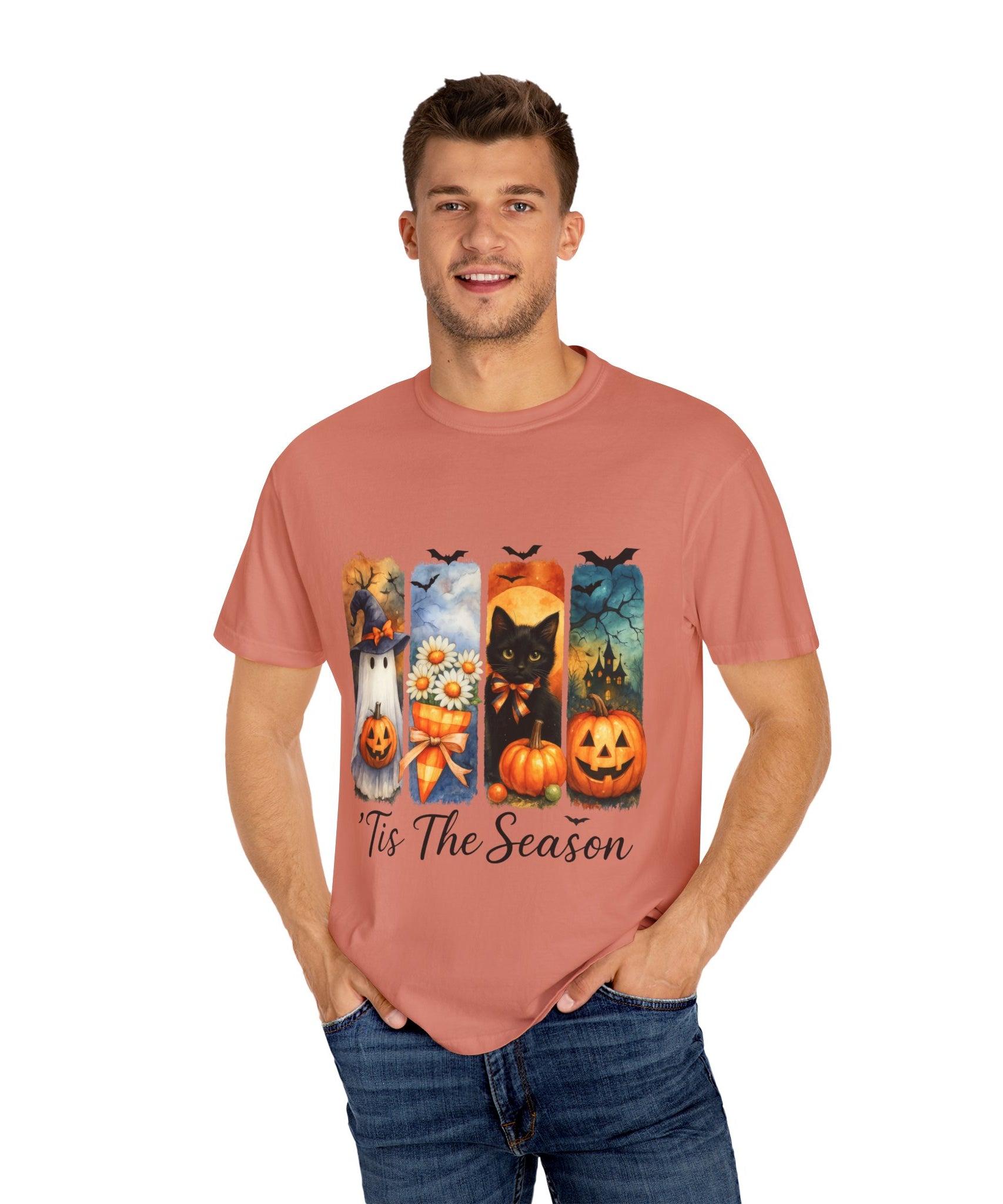 Whimsical Halloween T-Shirt – Ghost, Black Cat, Pumpkins & Haunted House Design - Gallory Hive