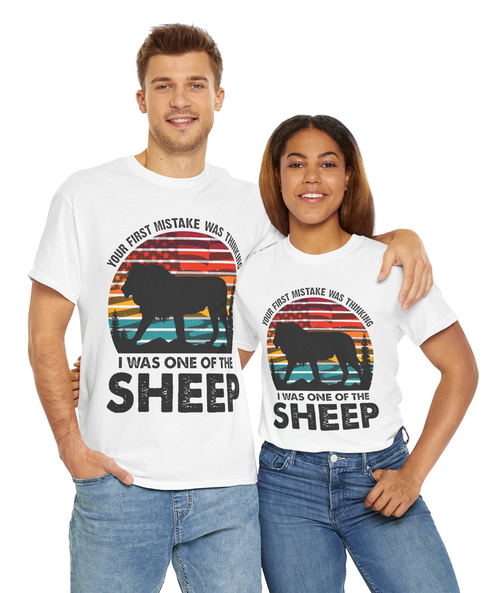 Bold Lion Tee with USA Flag Sunset