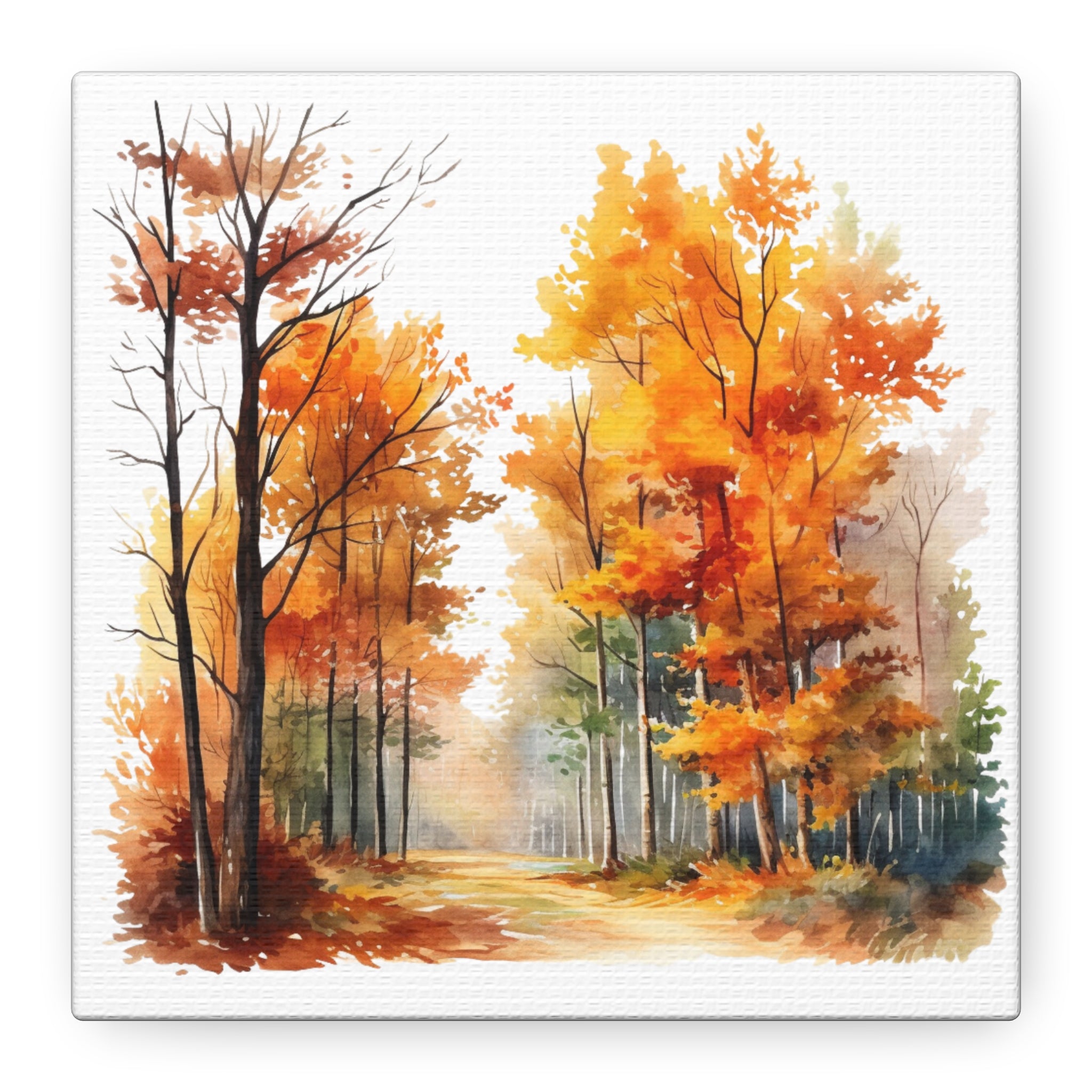 Whispers of Fall – Autumn Forest Path Watercolor on Floral Canvas Wall Art