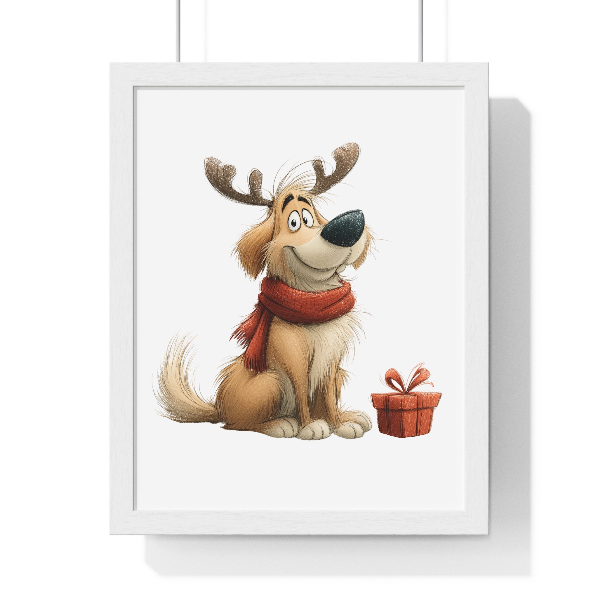 Festive Dog with Antlers & Gift – Wooden Wall Frame Home Decor - Gallory Hive