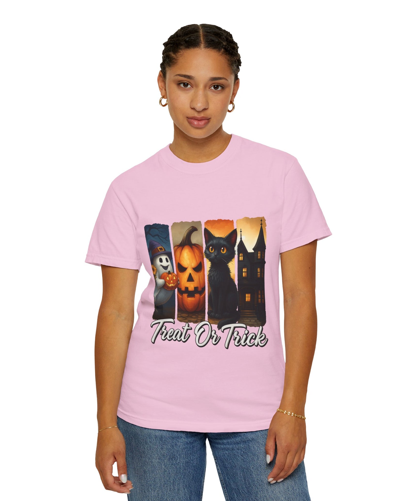 Treat Or Trick Halloween T-Shirt – Cute Ghost, Pumpkin, Black Cat & Haunted House Design - Gallory Hive