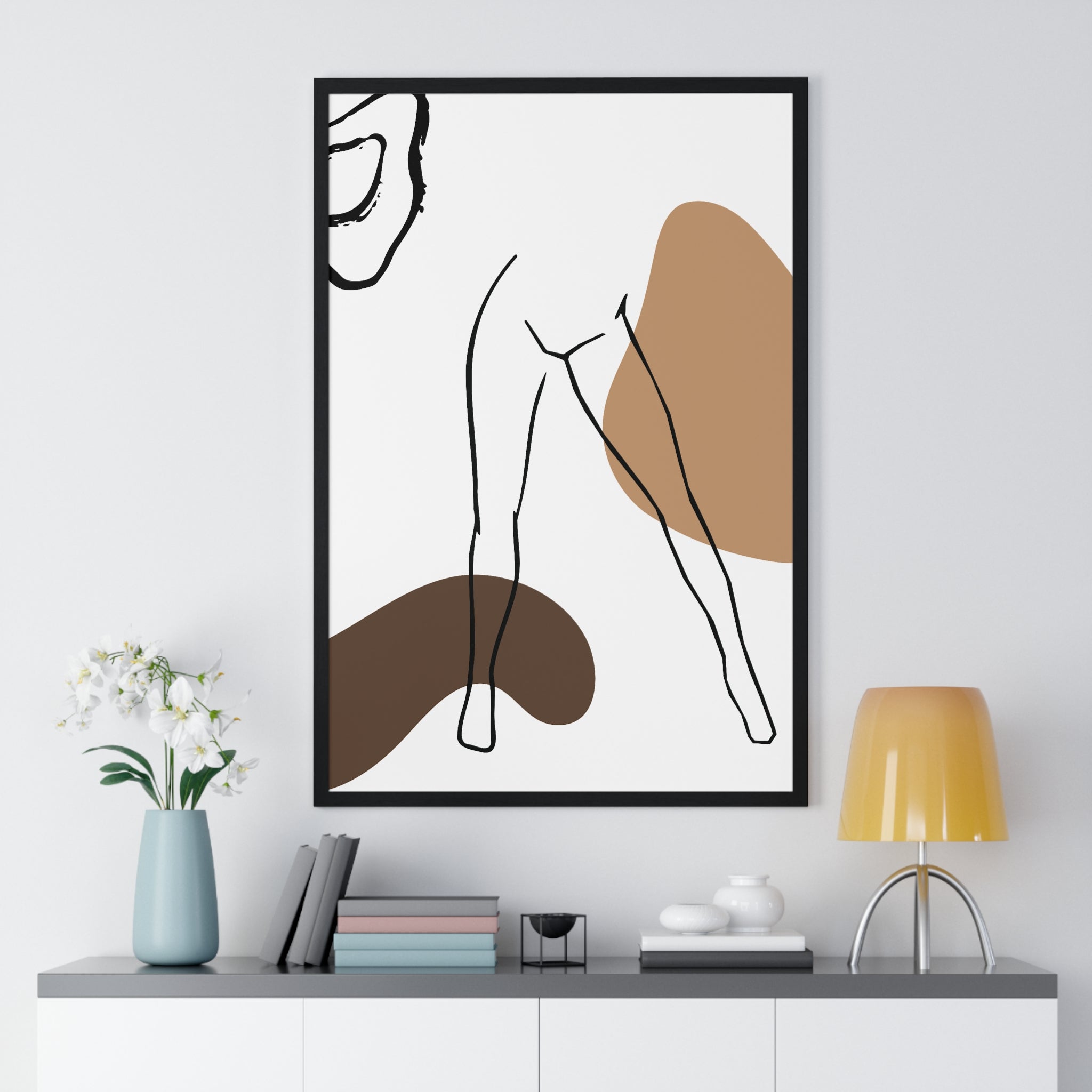 Minimalist Lower Body Line Art – Earth Tone Abstract Poster in Wooden Frame