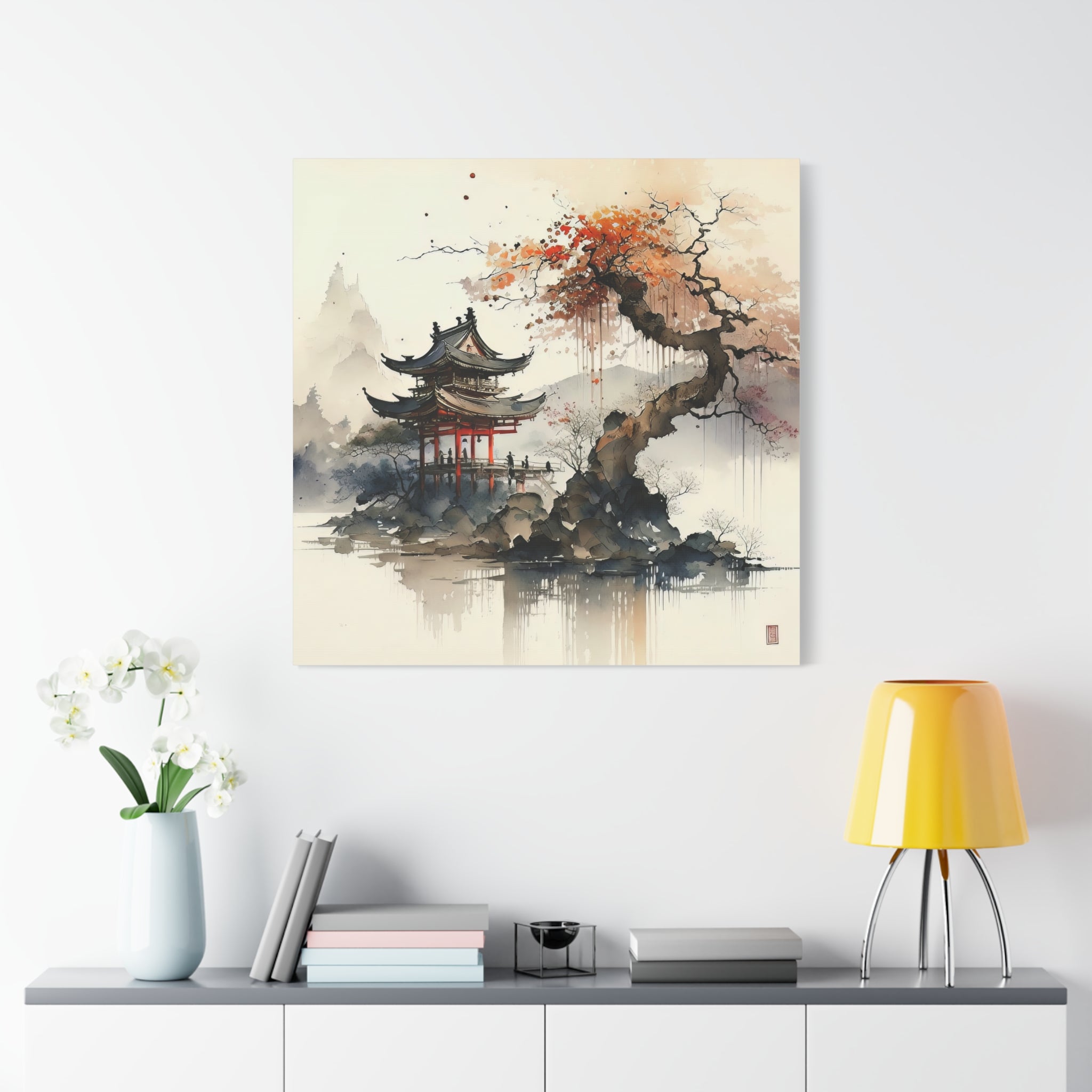 Japanese Watercolor Landscape Wall Art – Pagoda & Autumn Tree, Floral Canvas Print, Asian-Inspired Home Decor - Gallory Hive