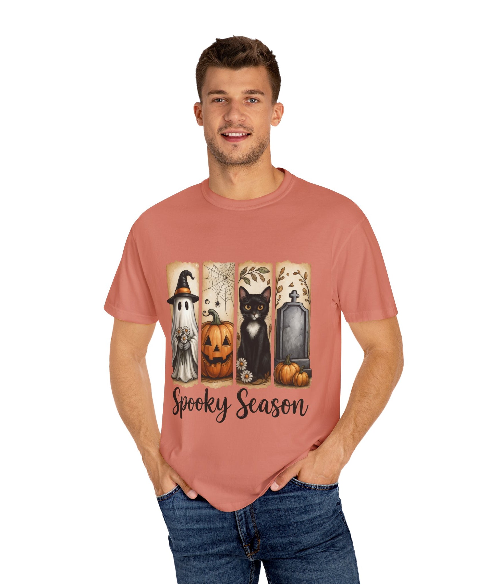 Spooky Season Halloween Unisex T-Shirt – Ghost, Cat & Pumpkin Design - Gallory Hive