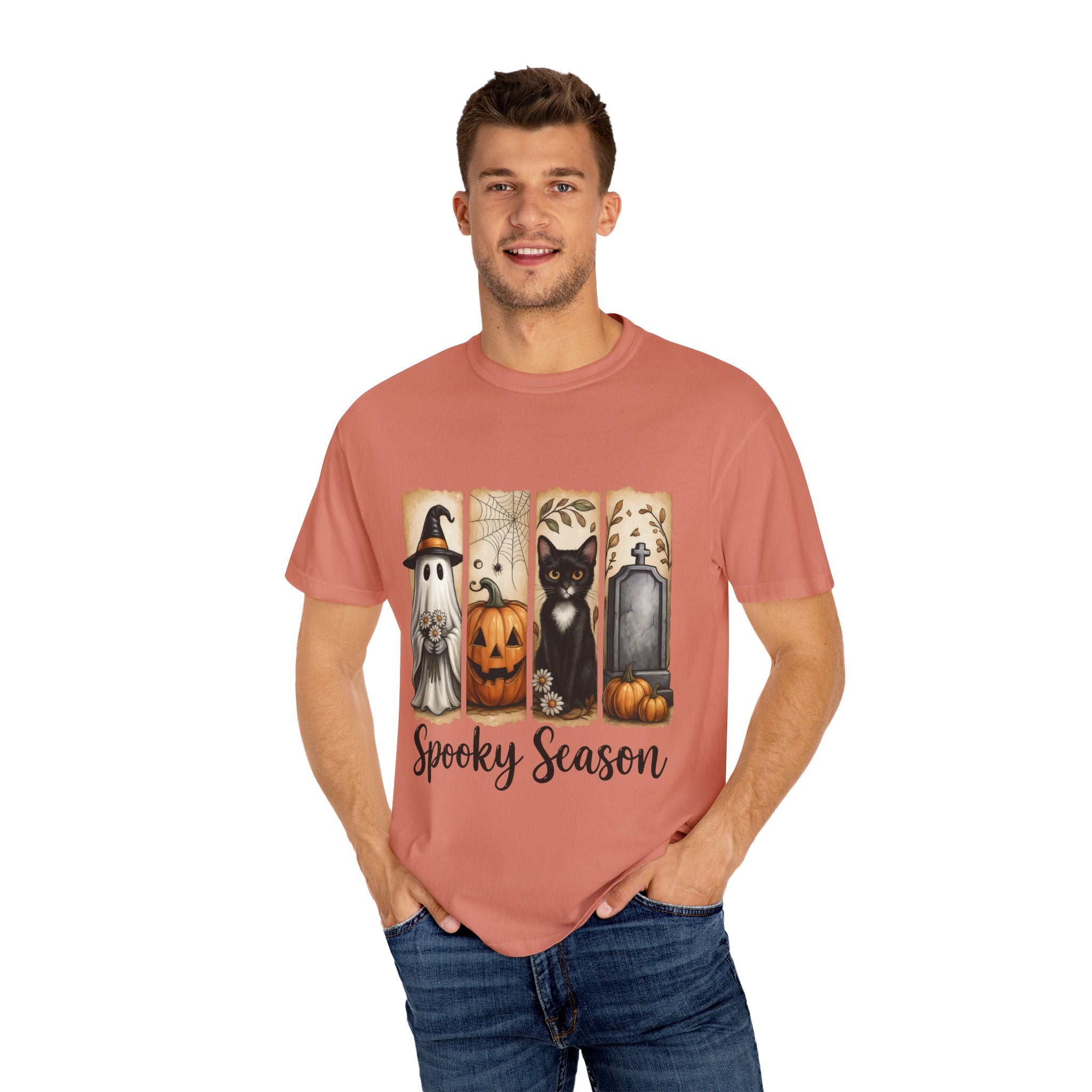 Spooky Season Halloween Unisex T-Shirt – Ghost, Cat & Pumpkin Design - Gallory Hive