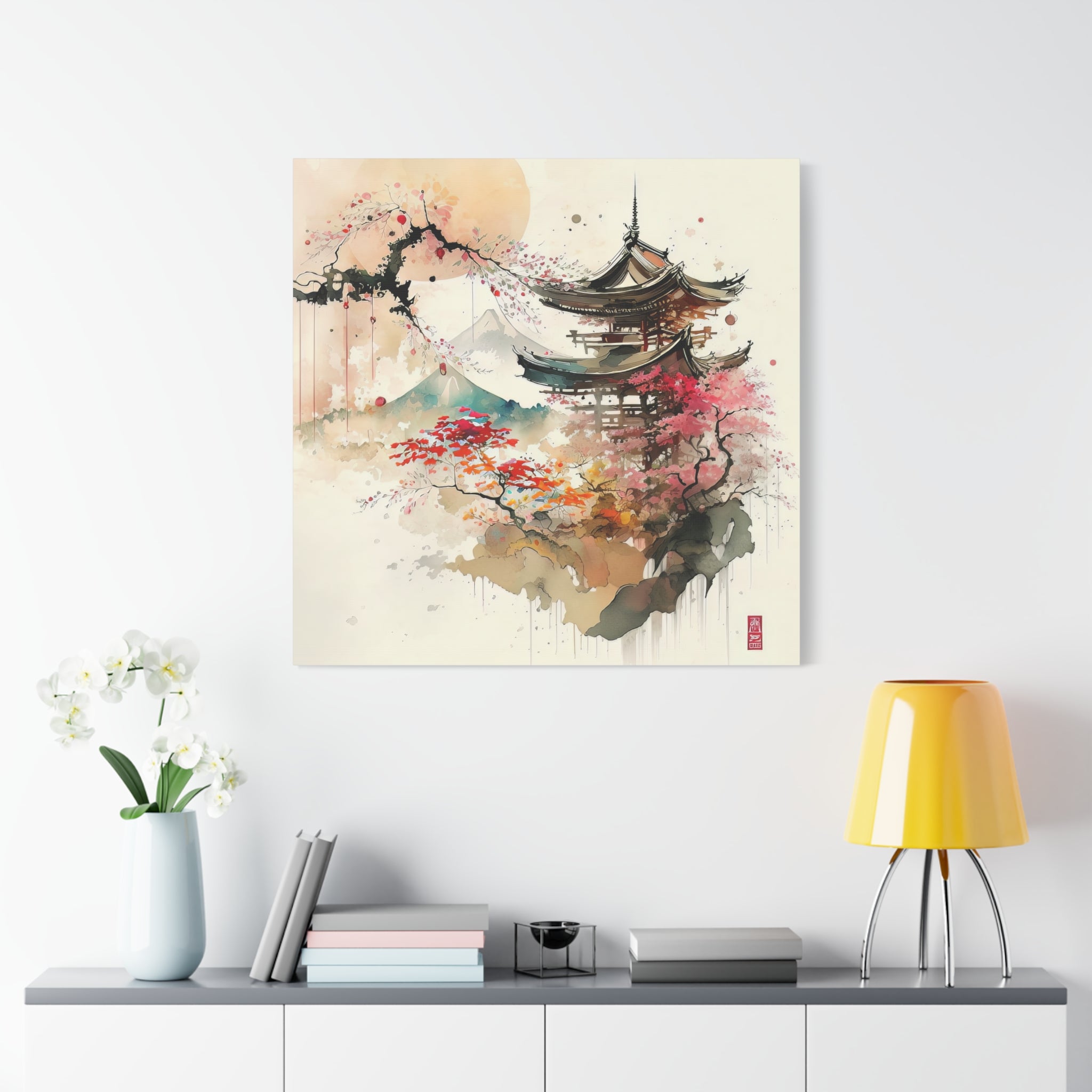 Serene Japanese Temple Watercolor Wall Art – Cherry Blossoms & Mount Fuji, Floral Canvas Print, Asian-Inspired Home Decor - Gallory Hive