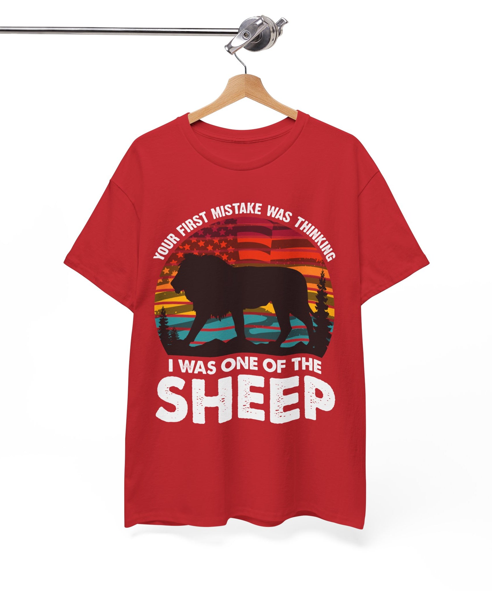 Bold Lion Tee with USA Flag Sunset