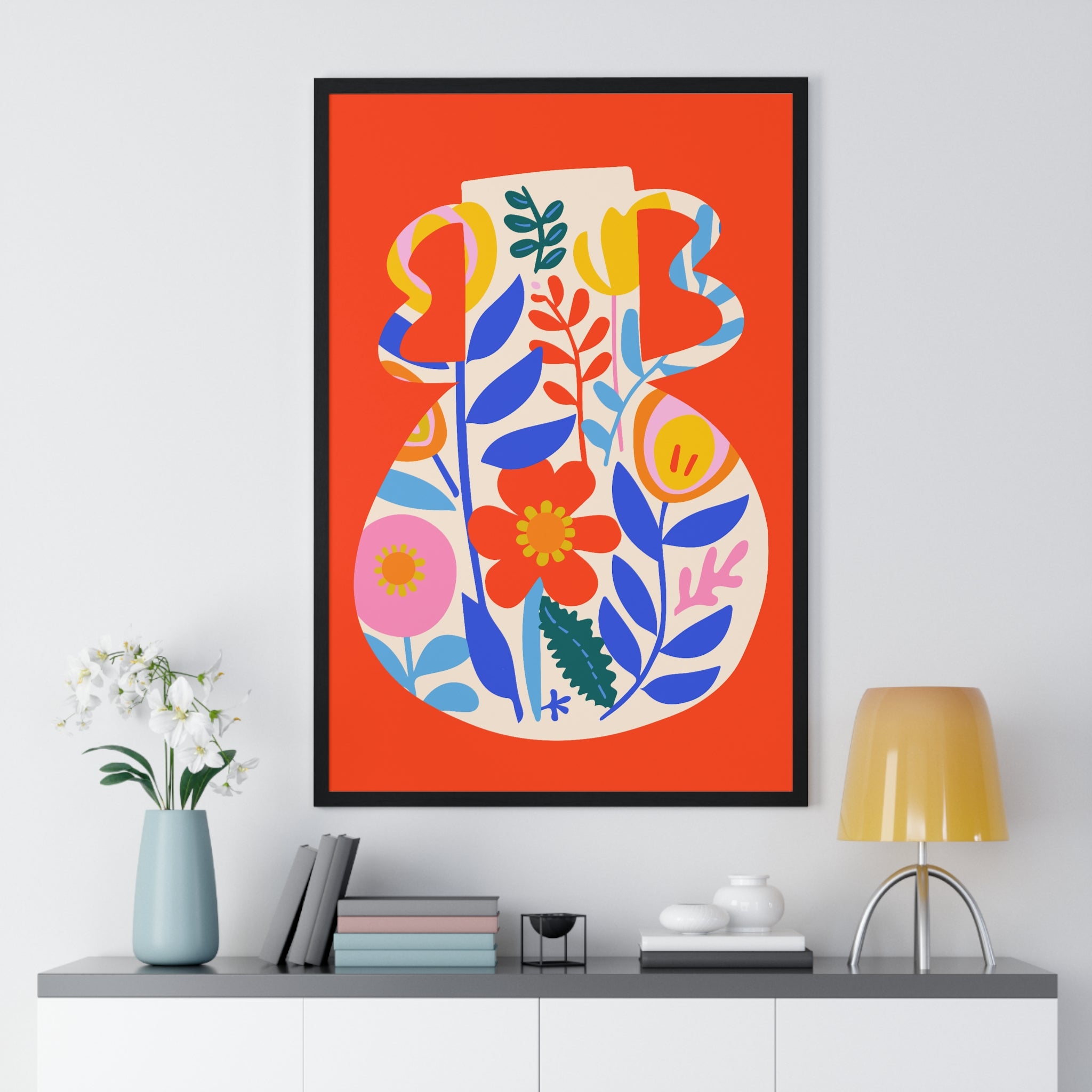 Vibrant Flowerpot Art on Yellow Grid in Premium Wood Frame