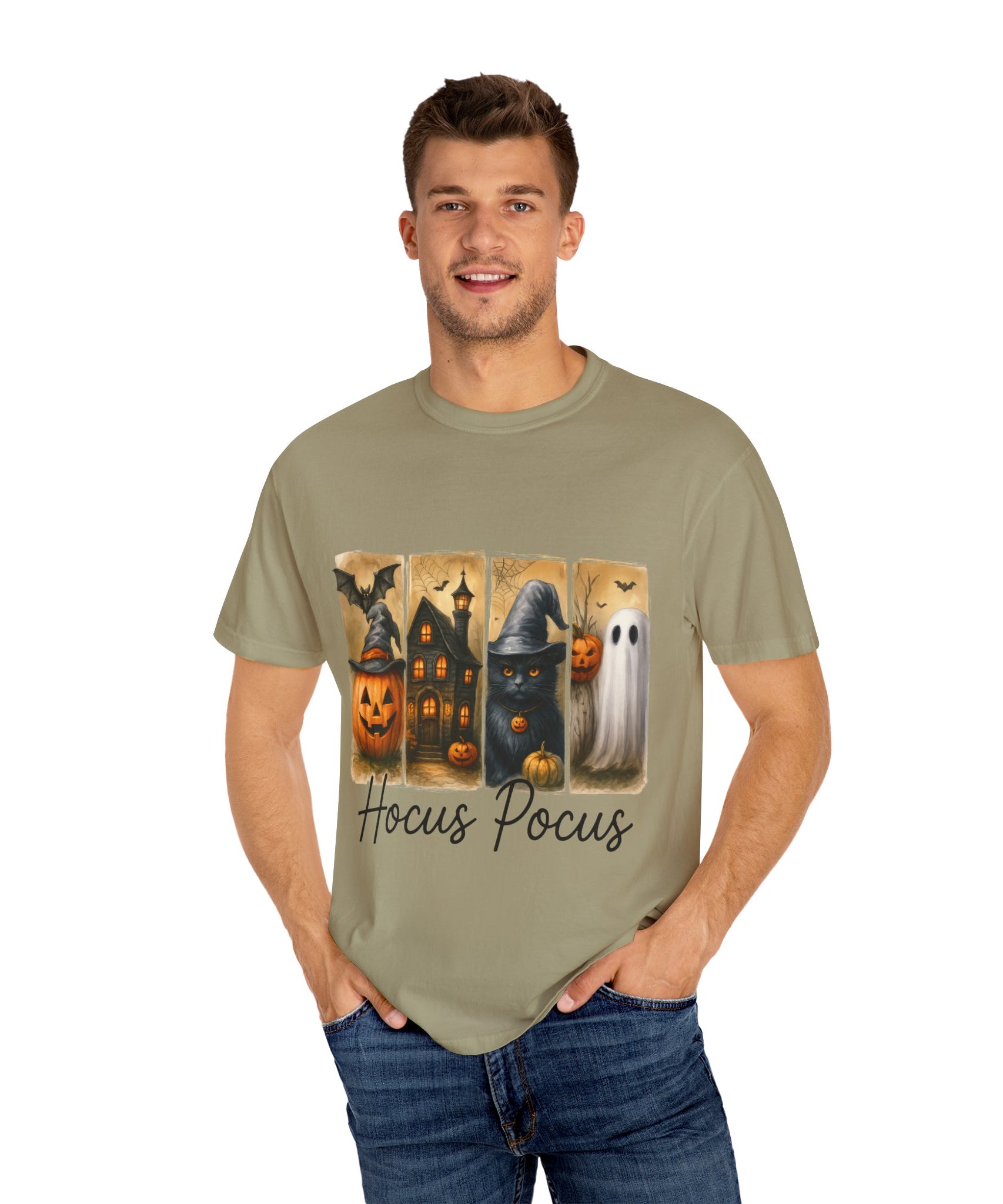Hocus Pocus Halloween Unisex T-Shirt – Witchy Cat, Haunted House, Pumpkin & Ghost Art - Gallory Hive