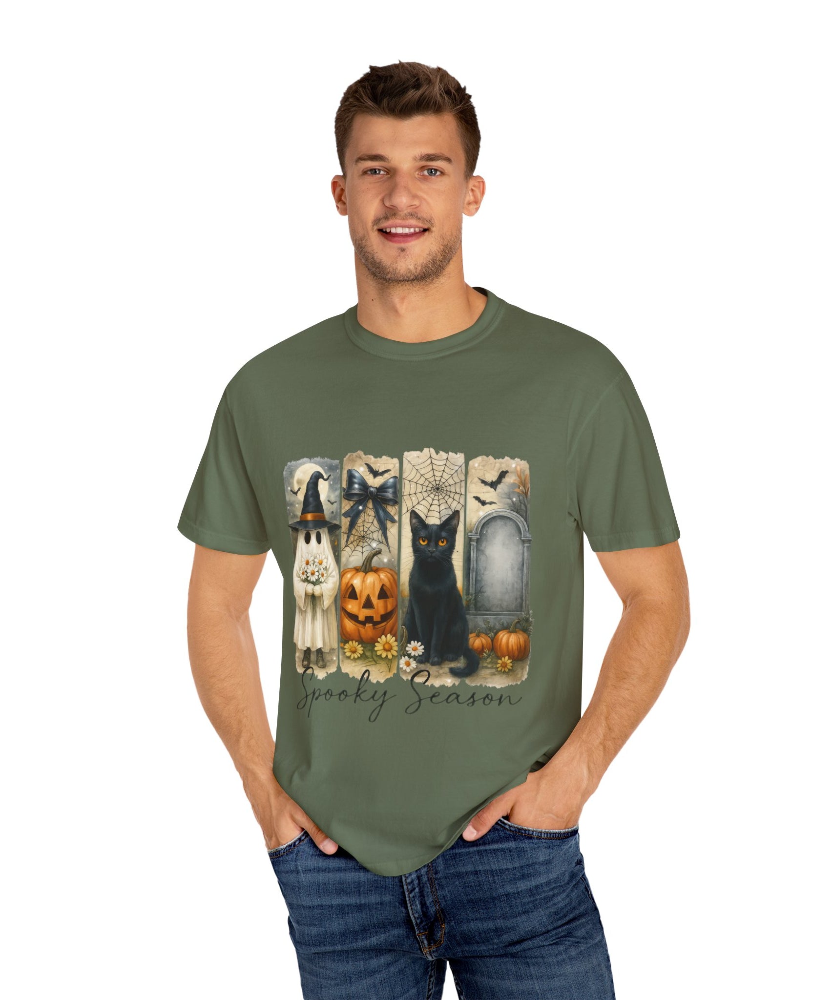 Spooky Season Halloween Unisex T-Shirt – Ghost, Black Cat & Pumpkin Design - Gallory Hive