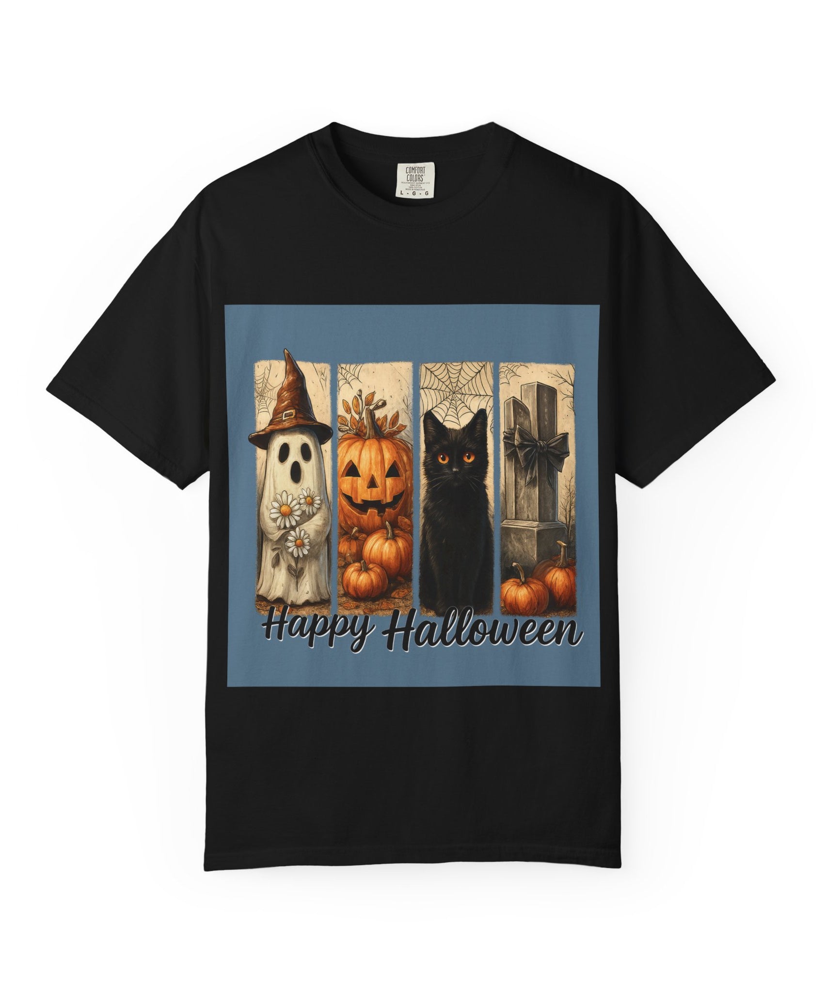 Happy Halloween Unisex T-Shirt – Ghost, Black Cat & Pumpkin Graphic Tee - Gallory Hive