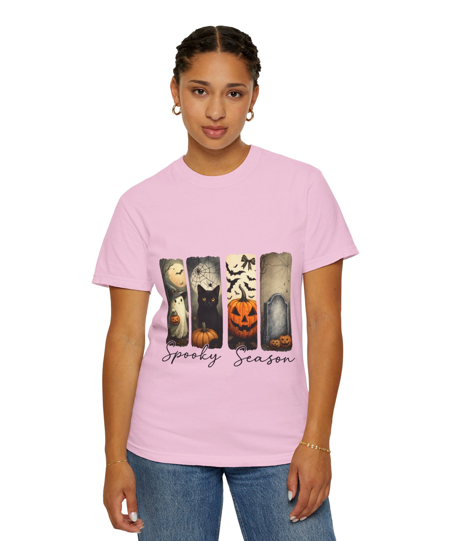 Halloween Night Unisex T-Shirt – Ghost, Black Cat, Pumpkin & Tombstone Vintage Art - Gallory Hive