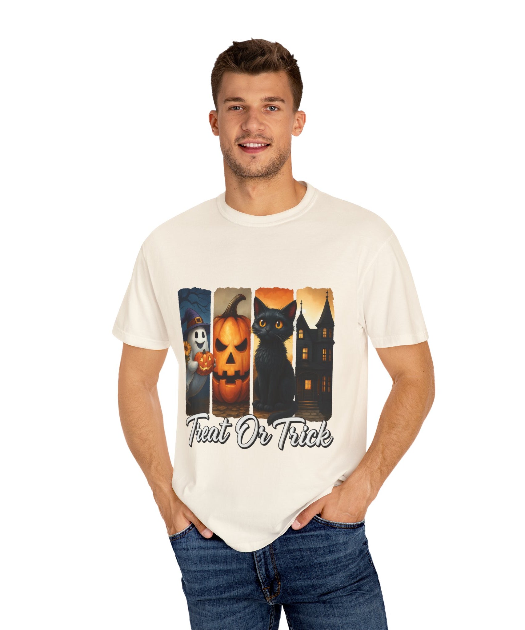 Treat Or Trick Halloween T-Shirt – Cute Ghost, Pumpkin, Black Cat & Haunted House Design - Gallory Hive