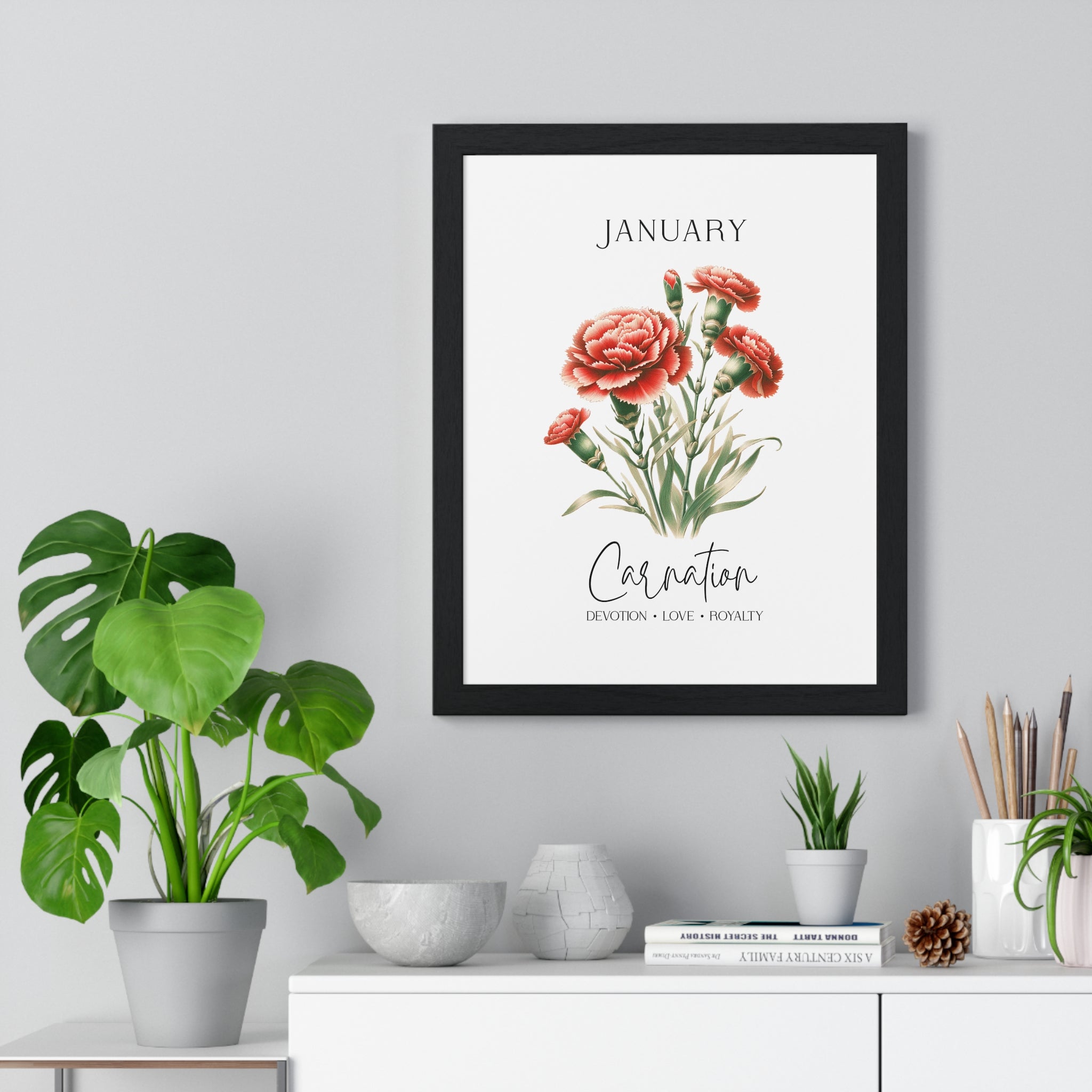 January Birth Flower – Carnation Wooden Framed Wall Art (Devotion • Love • Royalty)