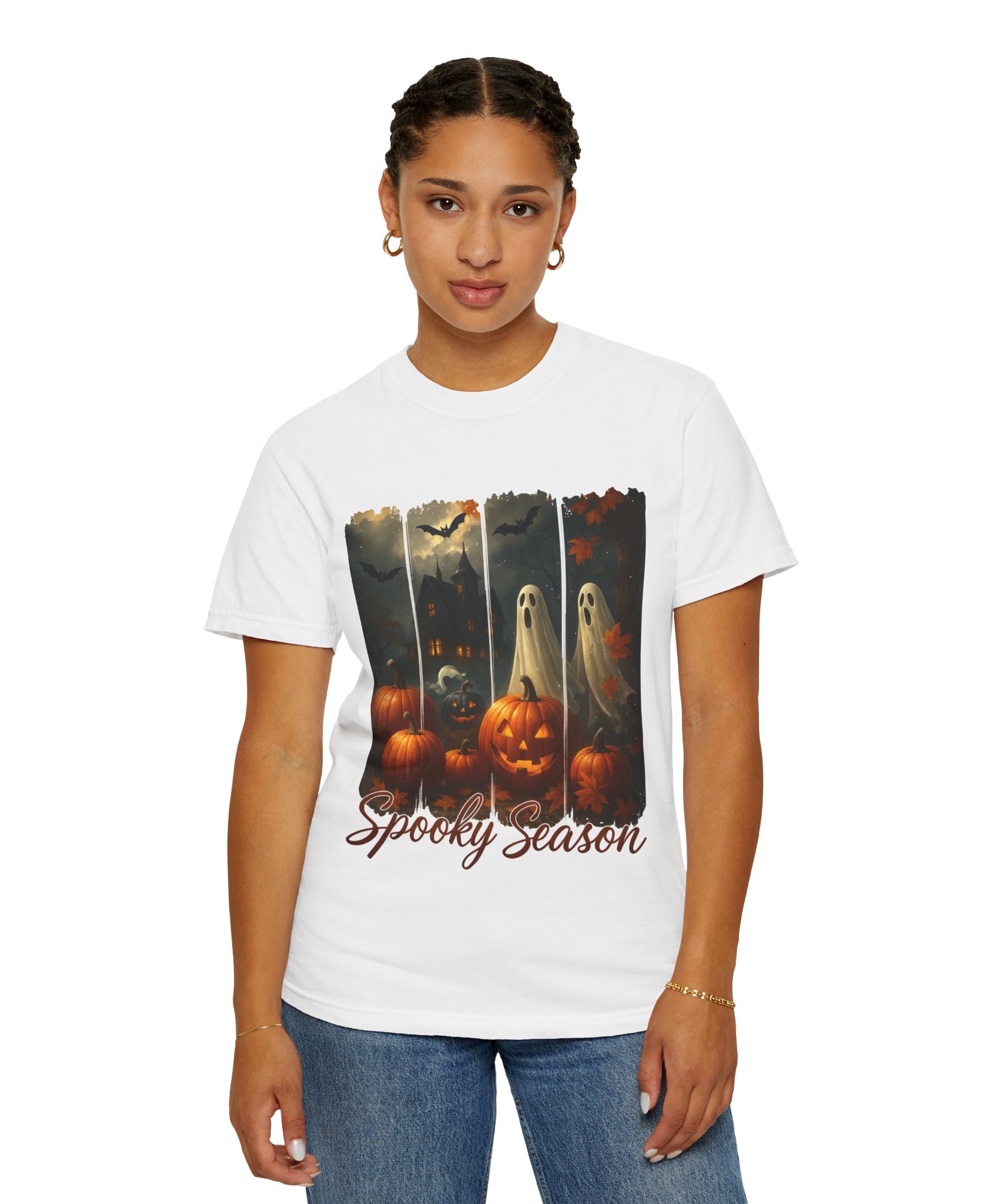 Spooky Season Unisex Halloween T-Shirt – Haunted House, Pumpkins & Ghosts Fall Design - Gallory Hive